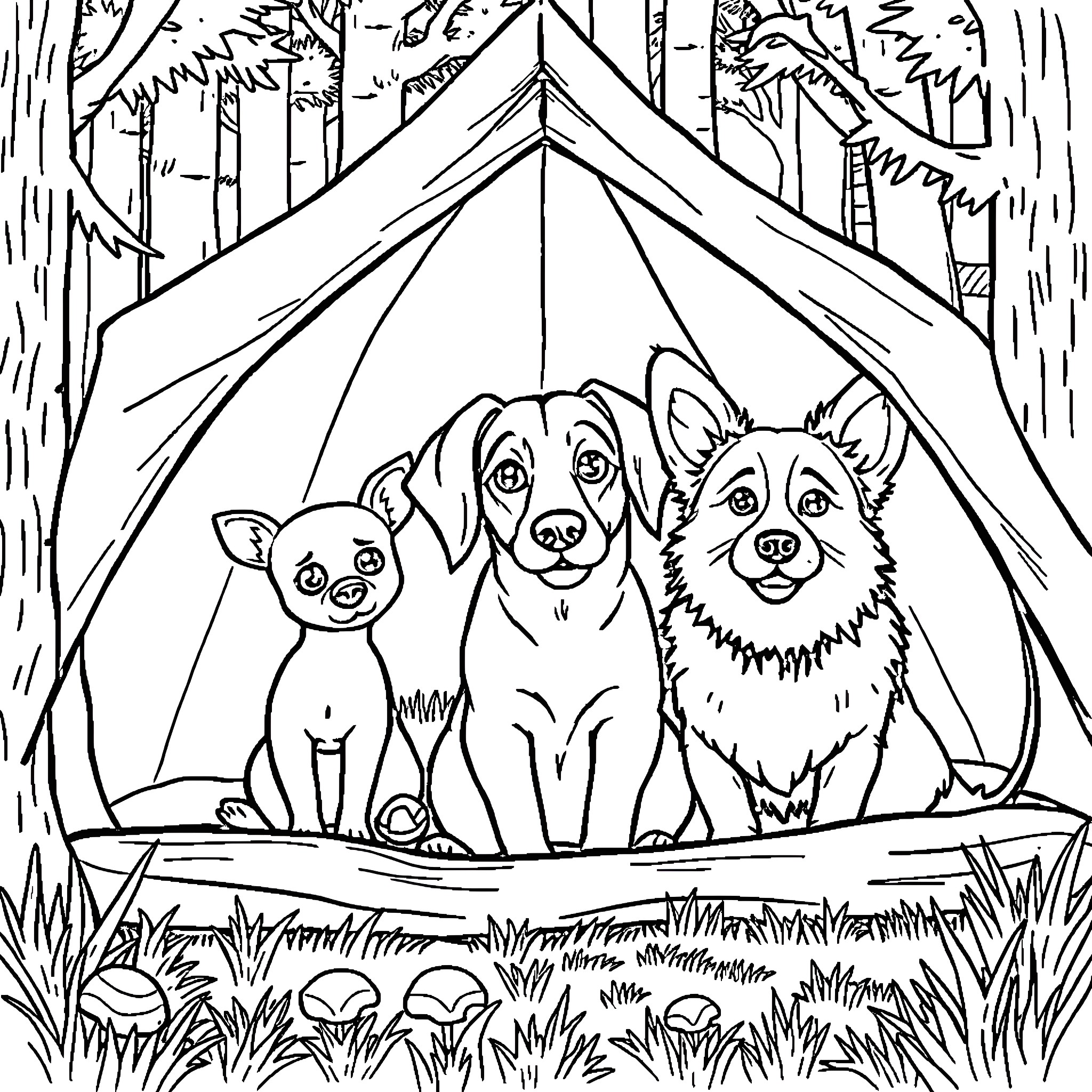 Dog camping with friends in the forest Coloring Page (free black-and-white line drawing printable PDF for all, from beginners to advanced learners, including children, teens, adults, and seniors)