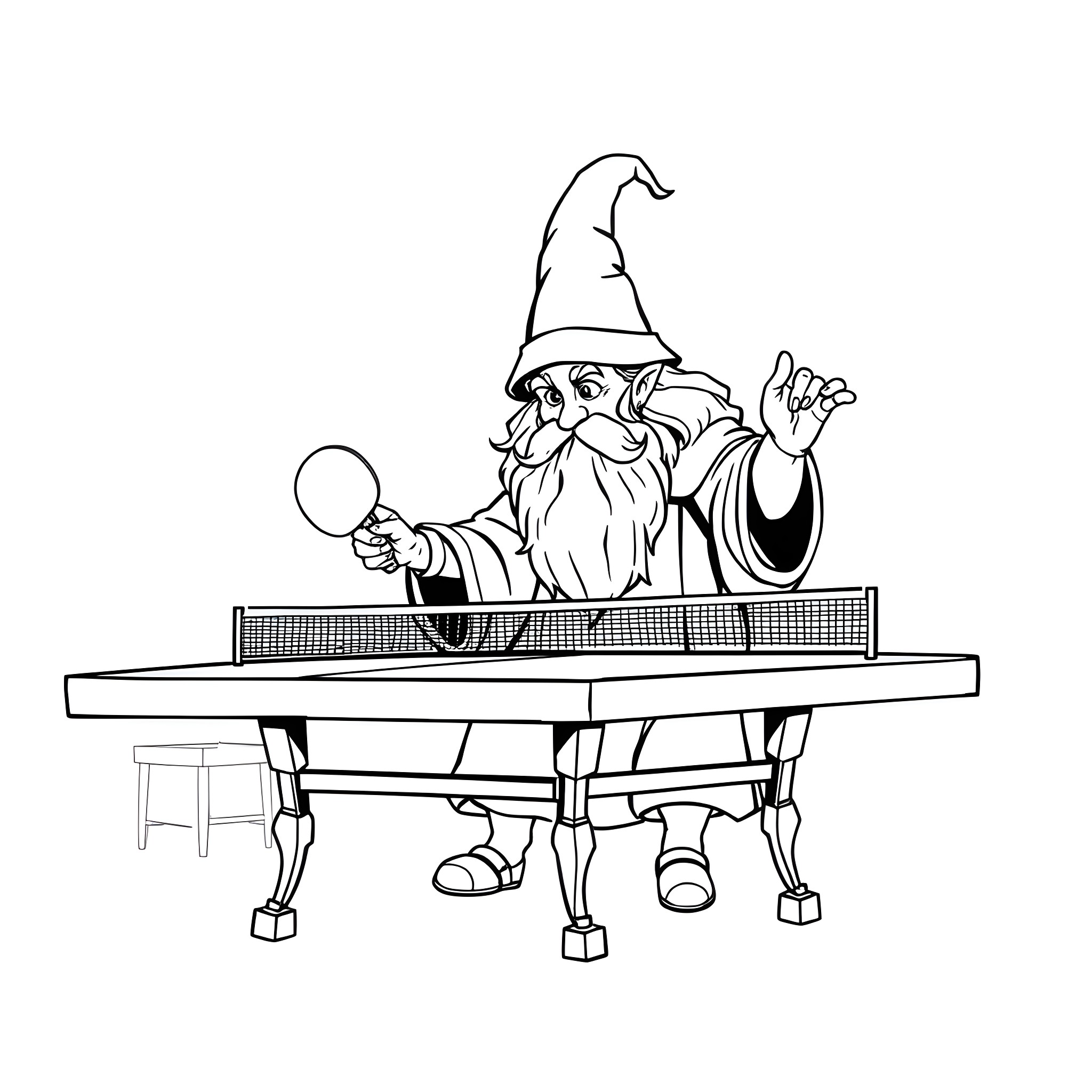 Gandalf playing table tennis with enthusiasm Coloring Page (free black-and-white line drawing printable PDF for all, from beginners to advanced learners, including children, teens, adults, and seniors)