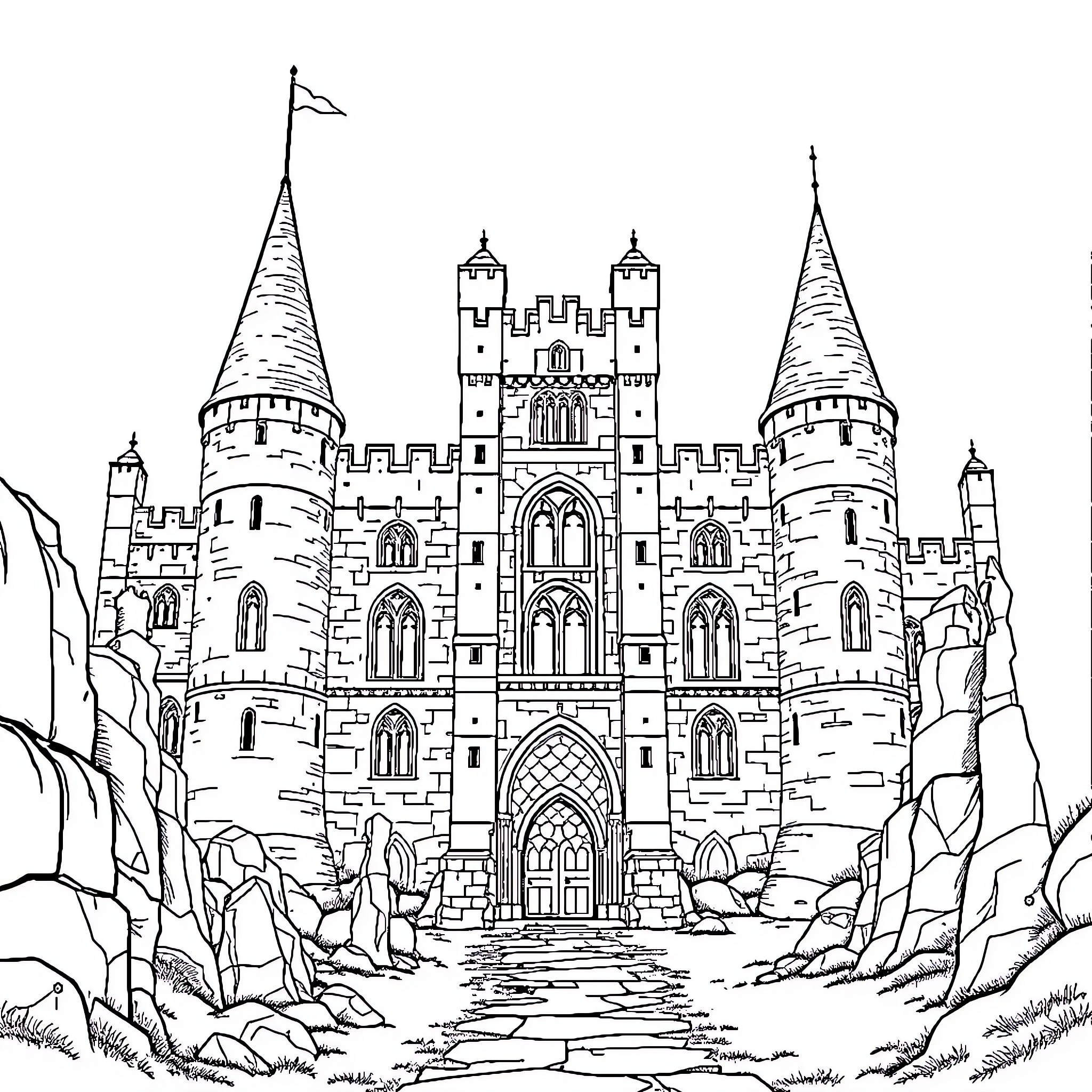 Wing-Shaped Castle on a Rocky Landscape Coloring Page (free black-and-white line drawing printable PDF for all, from beginners to advanced learners, including children, teens, adults, and seniors)