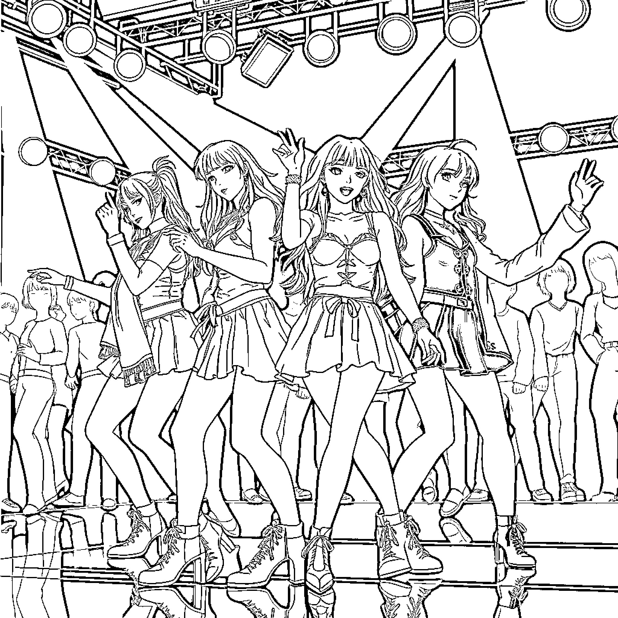 K-Pop Warriors Performing on Stage with Flair Coloring Page (free black-and-white line drawing printable PDF for all, from beginners to advanced learners, including children, teens, adults, and seniors)