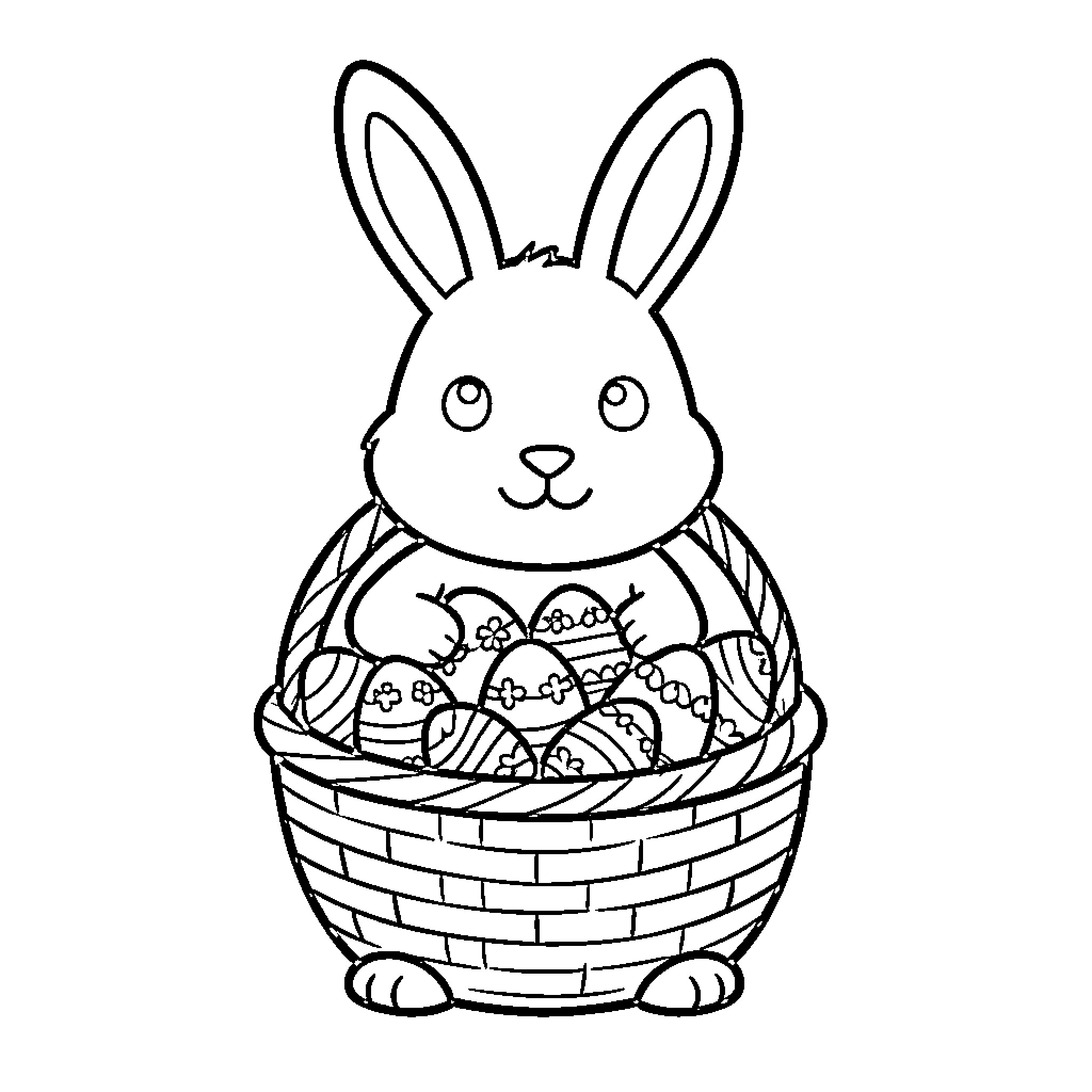 Easter Bunny with a basket of eggs Coloring Page (free black-and-white line drawing printable PDF for all, from beginners to advanced learners, including children, teens, adults, and seniors)