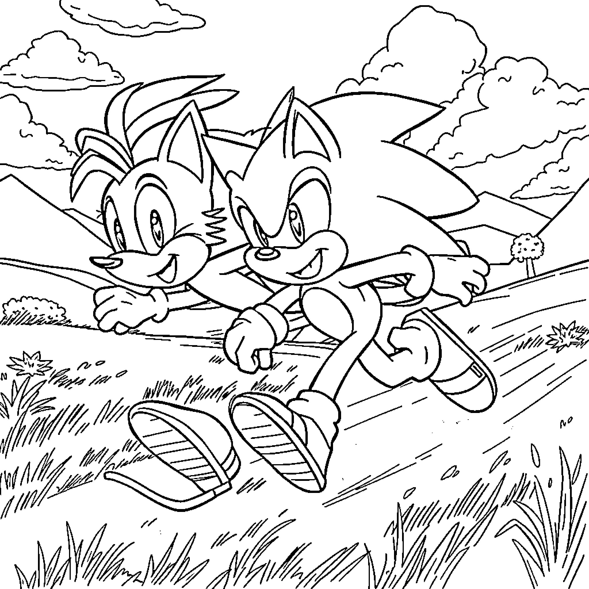 Sonic and Friends Enjoying Outdoor Adventure Coloring Page (free black-and-white line drawing printable PDF for all, from beginners to advanced learners, including children, teens, adults, and seniors)