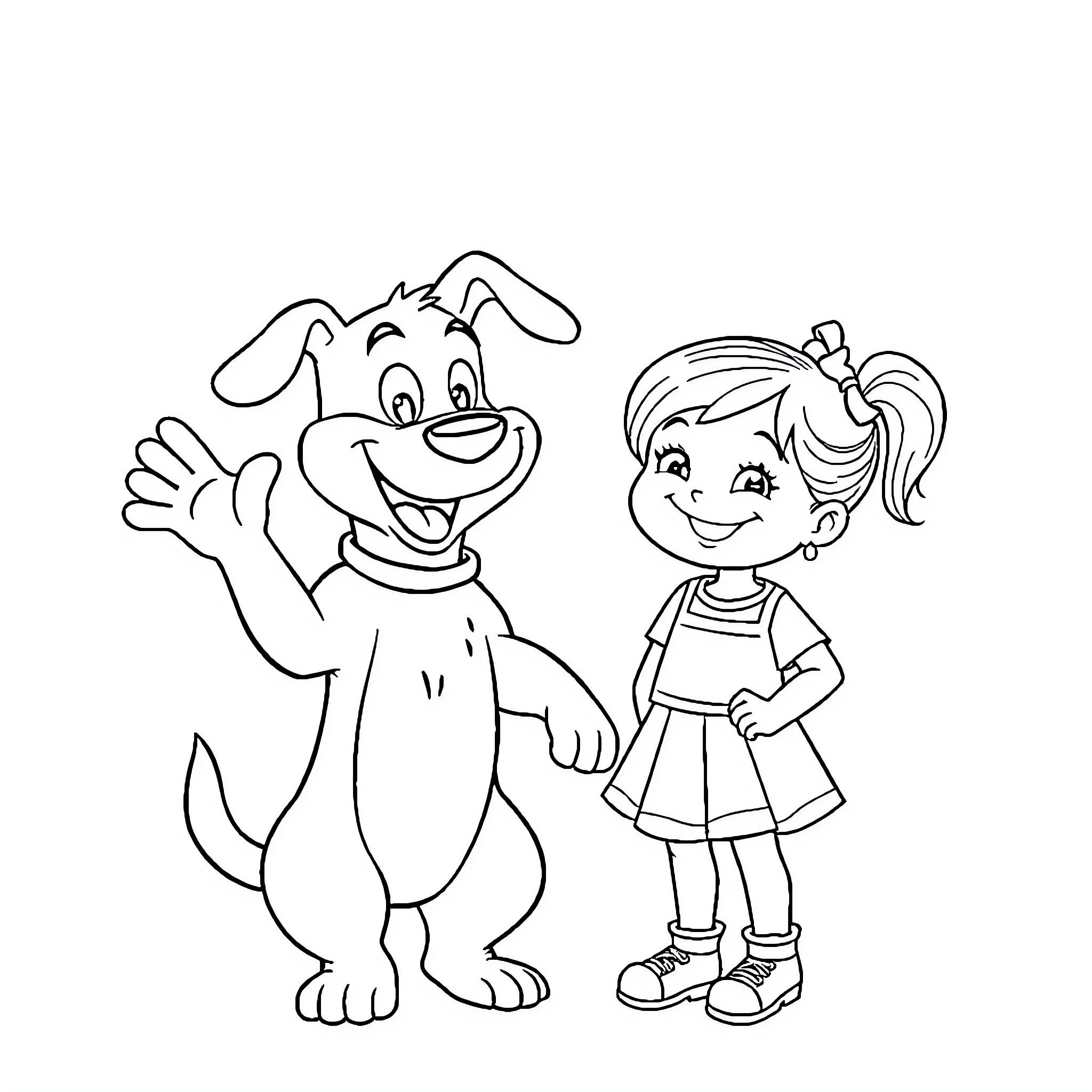 Dog and girl playing together cheerfully Coloring Page (free black-and-white line drawing printable PDF for all, from beginners to advanced learners, including children, teens, adults, and seniors)