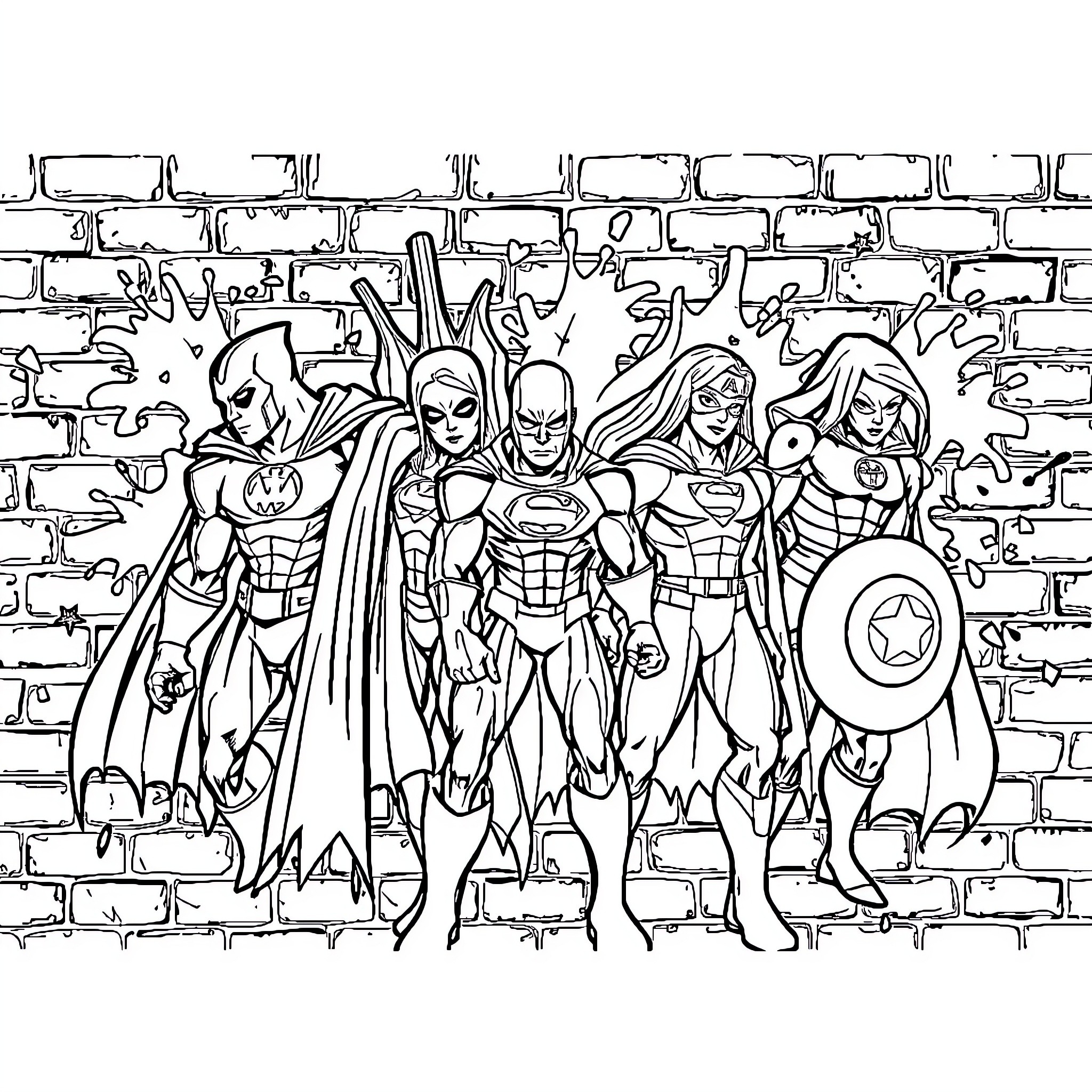 Superhero Squad Assembling for Action Coloring Page (free black-and-white line drawing printable PDF for all, from beginners to advanced learners, including children, teens, adults, and seniors)
