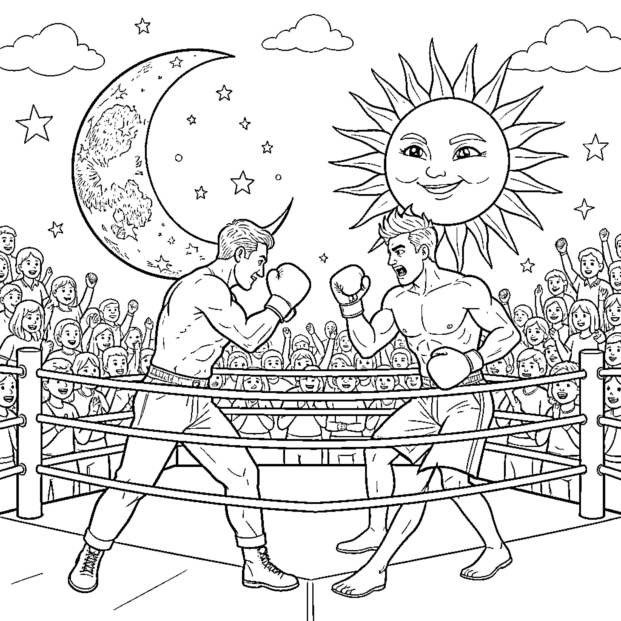 Luna y Sol: Boxing match under the starry night Coloring Page (free black-and-white line drawing printable PDF for all, from beginners to advanced learners, including children, teens, adults, and seniors)