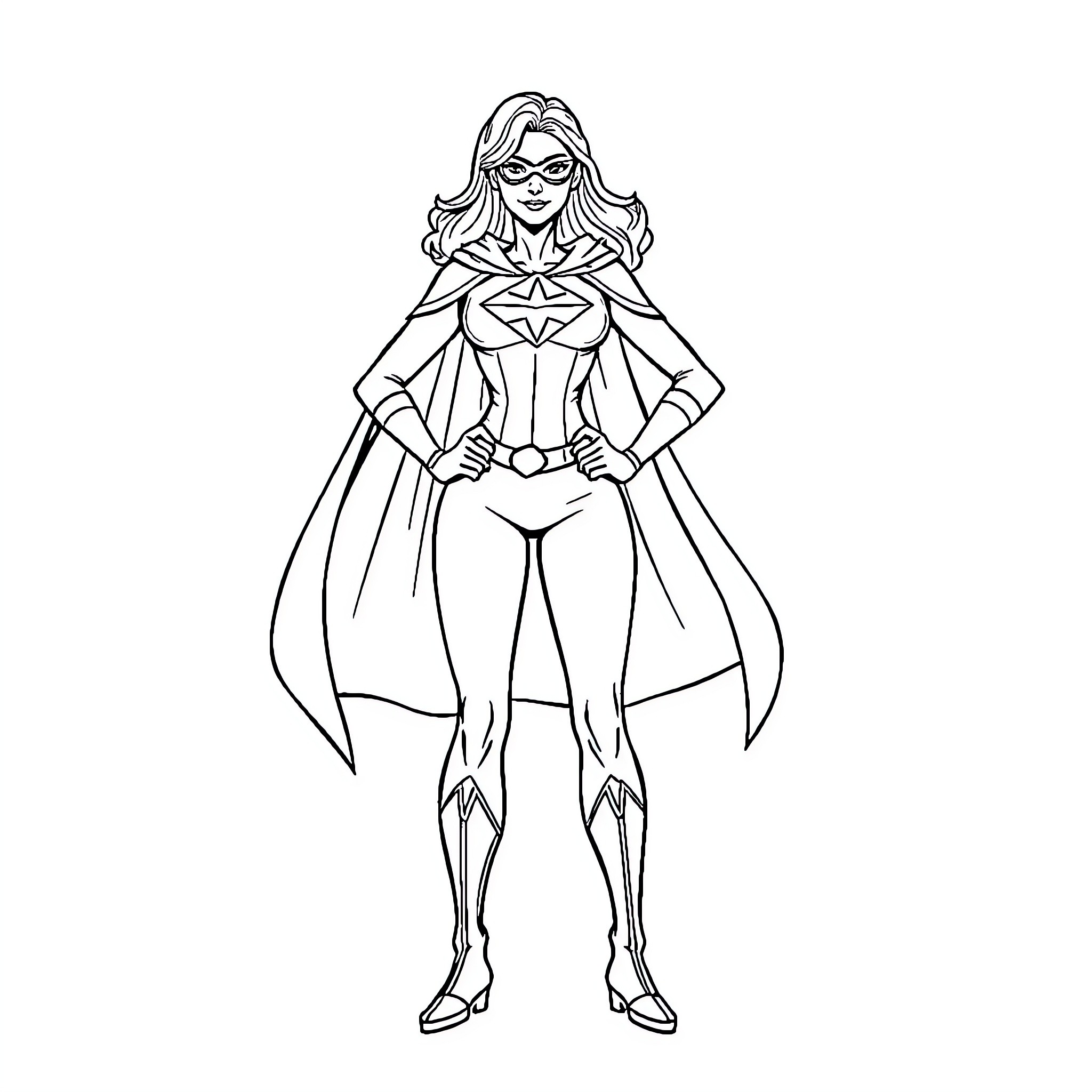 Superhero in Heroic Pose with Costume Coloring Page (free black-and-white line drawing printable PDF for all, from beginners to advanced learners, including children, teens, adults, and seniors)