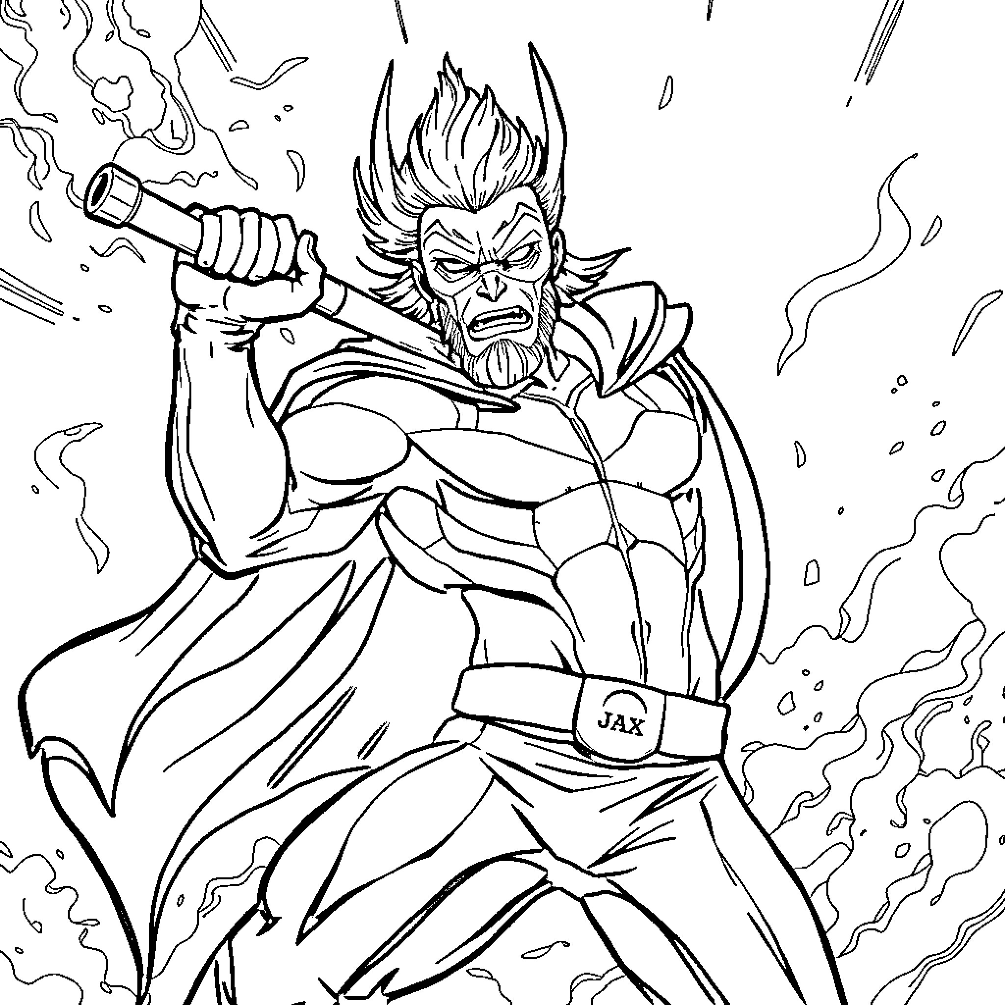 Jax the Powerful Warrior in Action Coloring Page (free black-and-white line drawing printable PDF for all, from beginners to advanced learners, including children, teens, adults, and seniors)