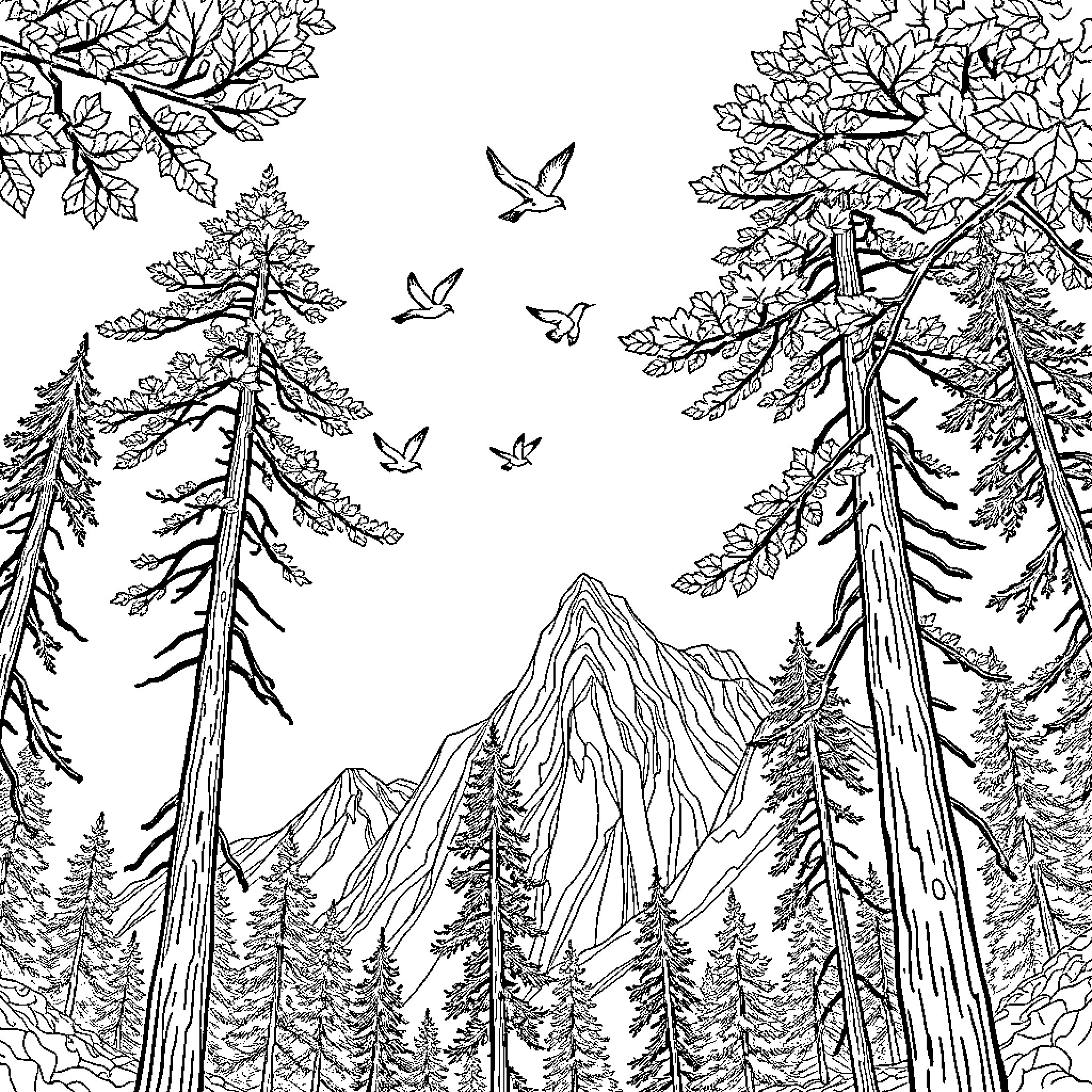 Tree-lined Forest with Flying Birds and Mountains Coloring Page (free black-and-white line drawing printable PDF for all, from beginners to advanced learners, including children, teens, adults, and seniors)