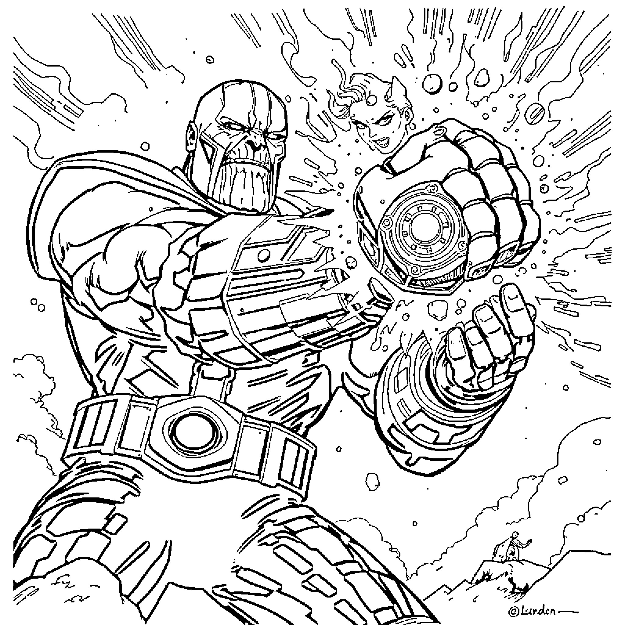 Thanos wielding Infinity Gauntlet in epic cosmic battle Coloring Page (free black-and-white line drawing printable PDF for all, from beginners to advanced learners, including children, teens, adults, and seniors)