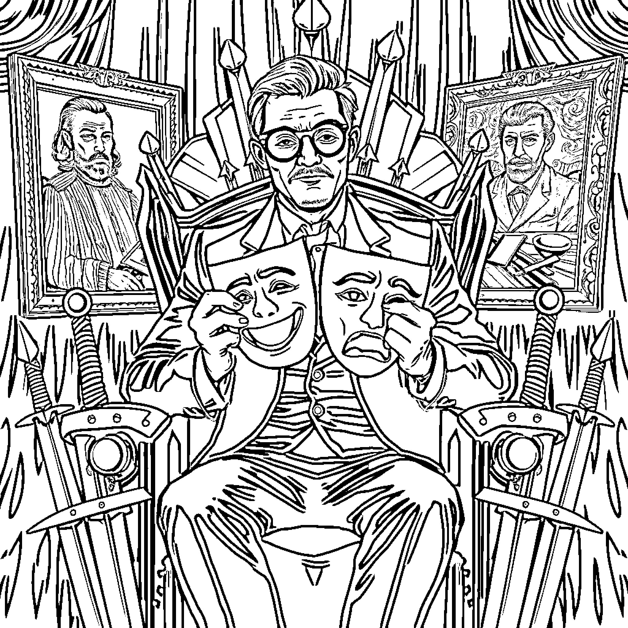 Artist depicts theater and entertainment industry Coloring Page (free black-and-white line drawing printable PDF for all, from beginners to advanced learners, including children, teens, adults, and seniors)