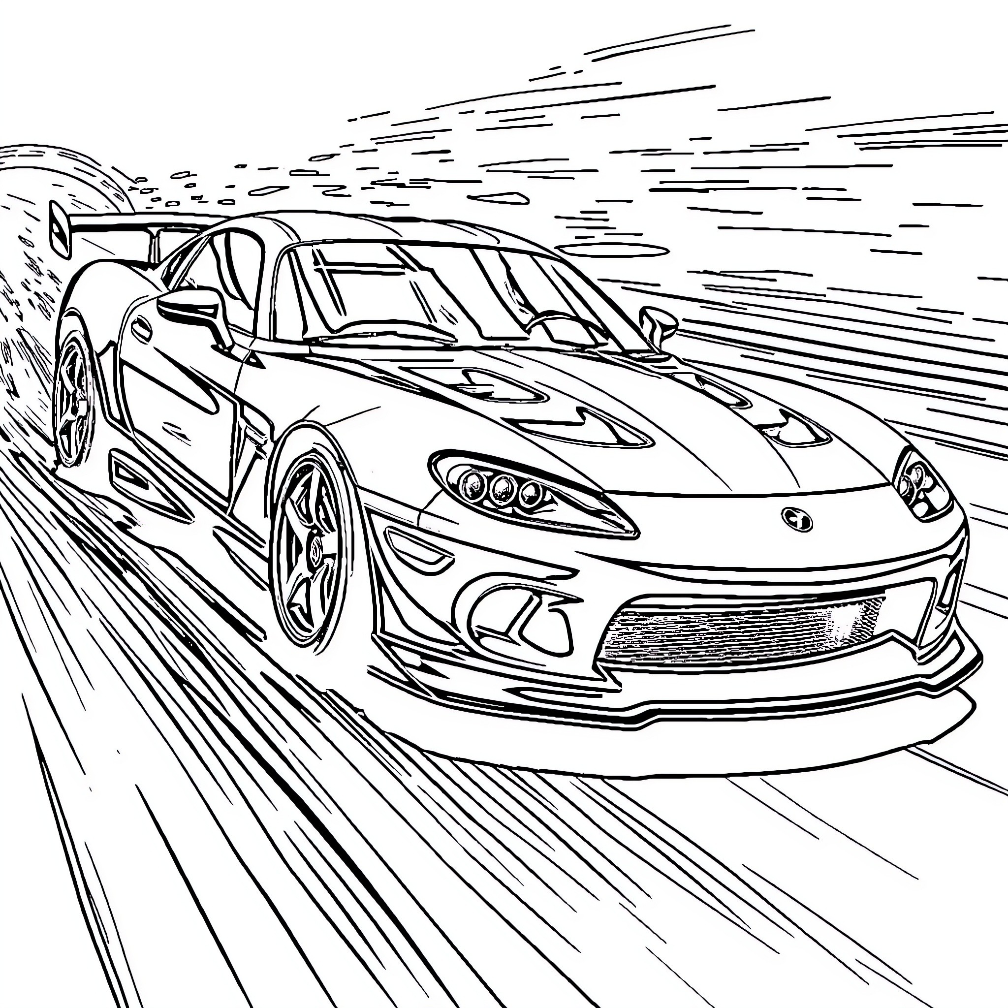 Car speeding on a race track Coloring Page (free black-and-white line drawing printable PDF for all, from beginners to advanced learners, including children, teens, adults, and seniors)