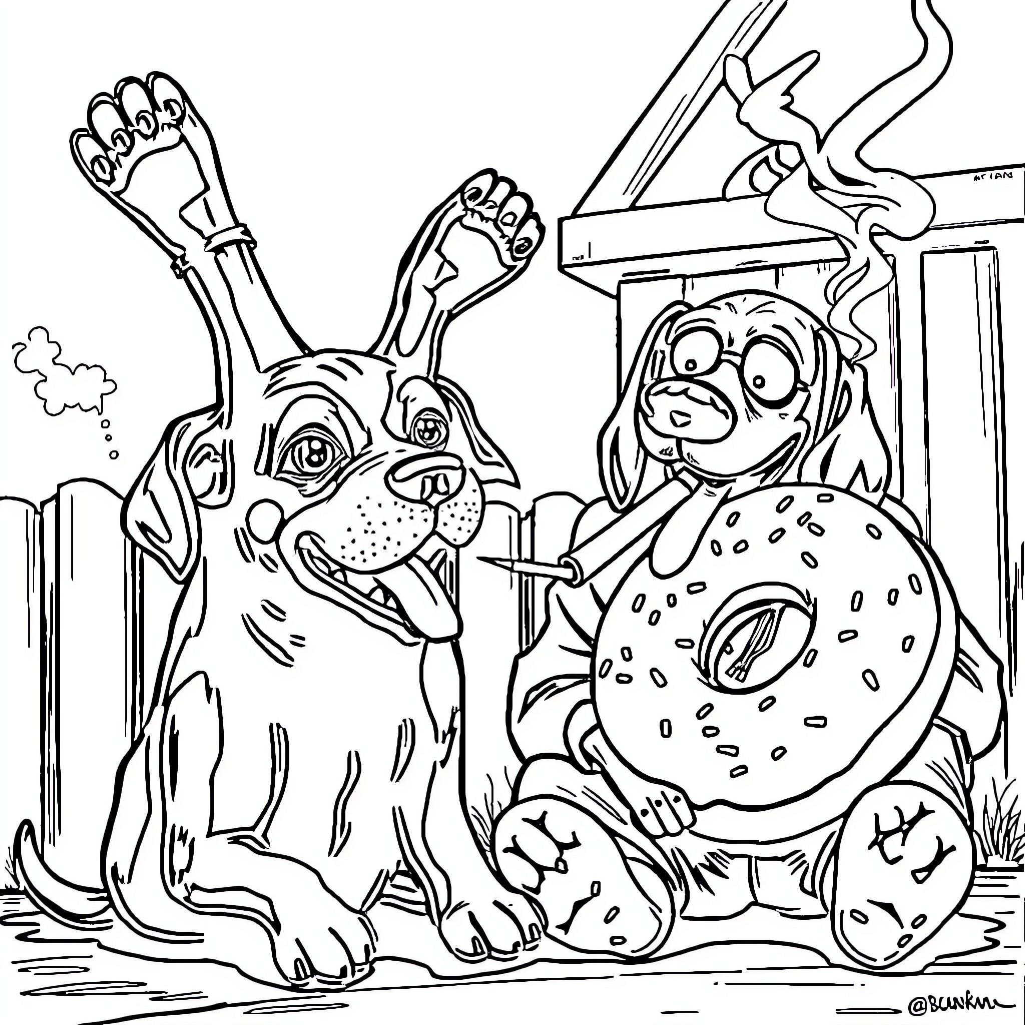 Dog and Donut Enjoying Outdoor Adventure Coloring Page (free black-and-white line drawing printable PDF for all, from beginners to advanced learners, including children, teens, adults, and seniors)