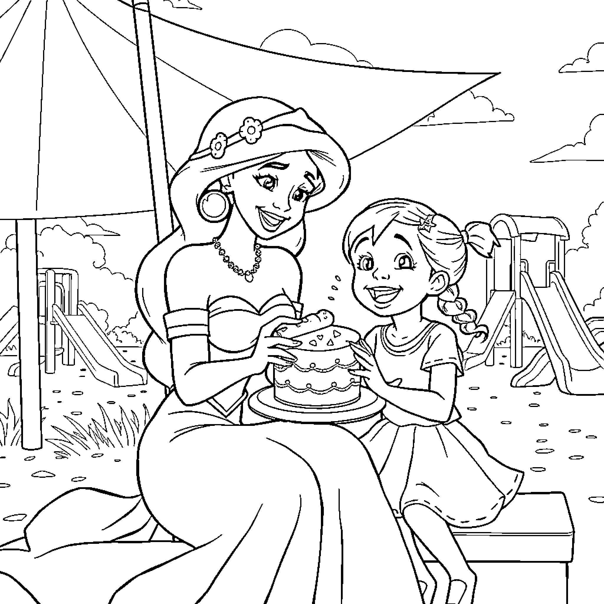 Jasmine and Aladdin celebrate with cake in the park Coloring Page (free black-and-white line drawing printable PDF for all, from beginners to advanced learners, including children, teens, adults, and seniors)