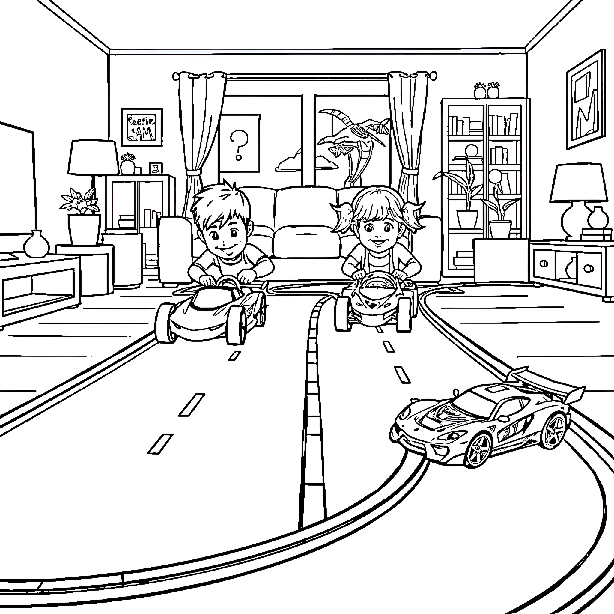 Hotwheel kids racing toy cars in living room Coloring Page (free black-and-white line drawing printable PDF for all, from beginners to advanced learners, including children, teens, adults, and seniors)