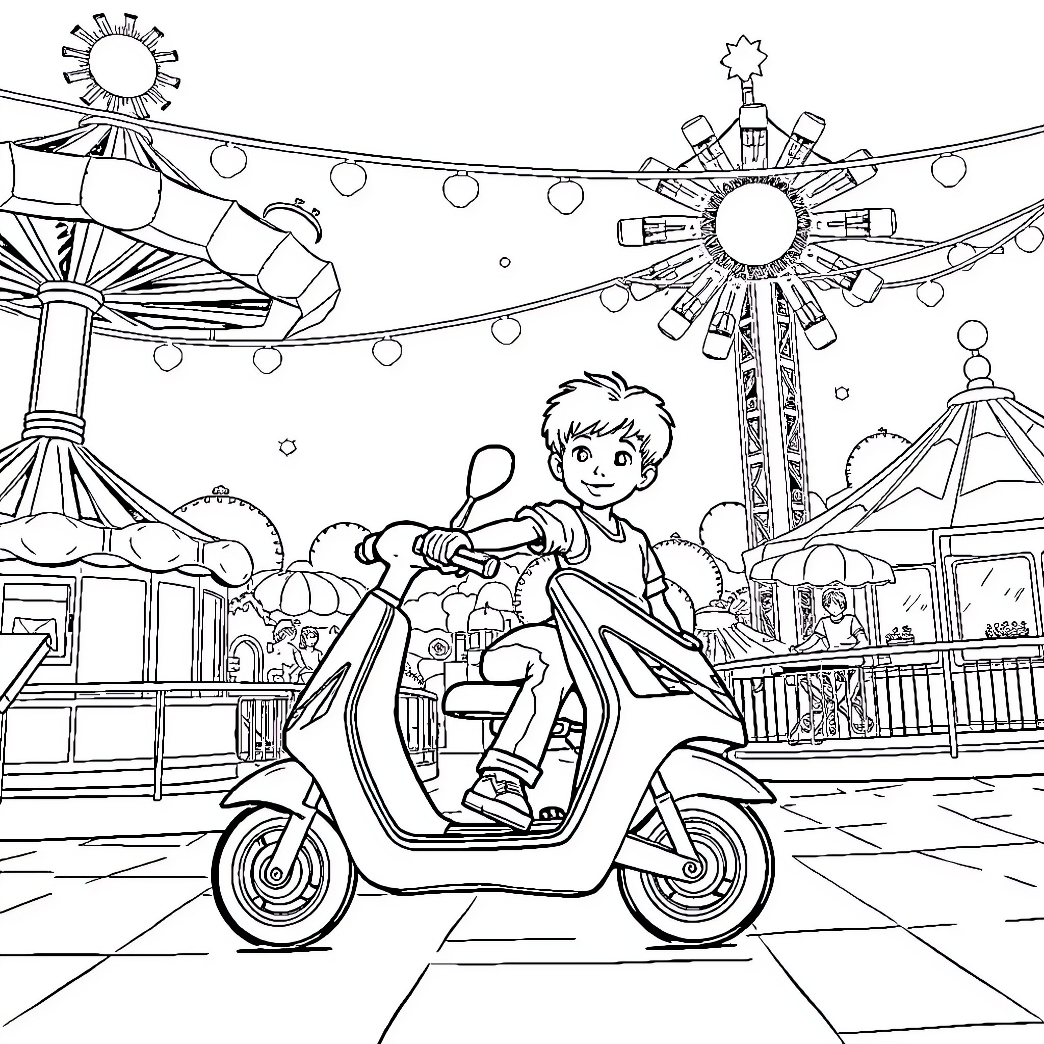 Child riding scooter at amusement park Coloring Page (free black-and-white line drawing printable PDF for all, from beginners to advanced learners, including children, teens, adults, and seniors)