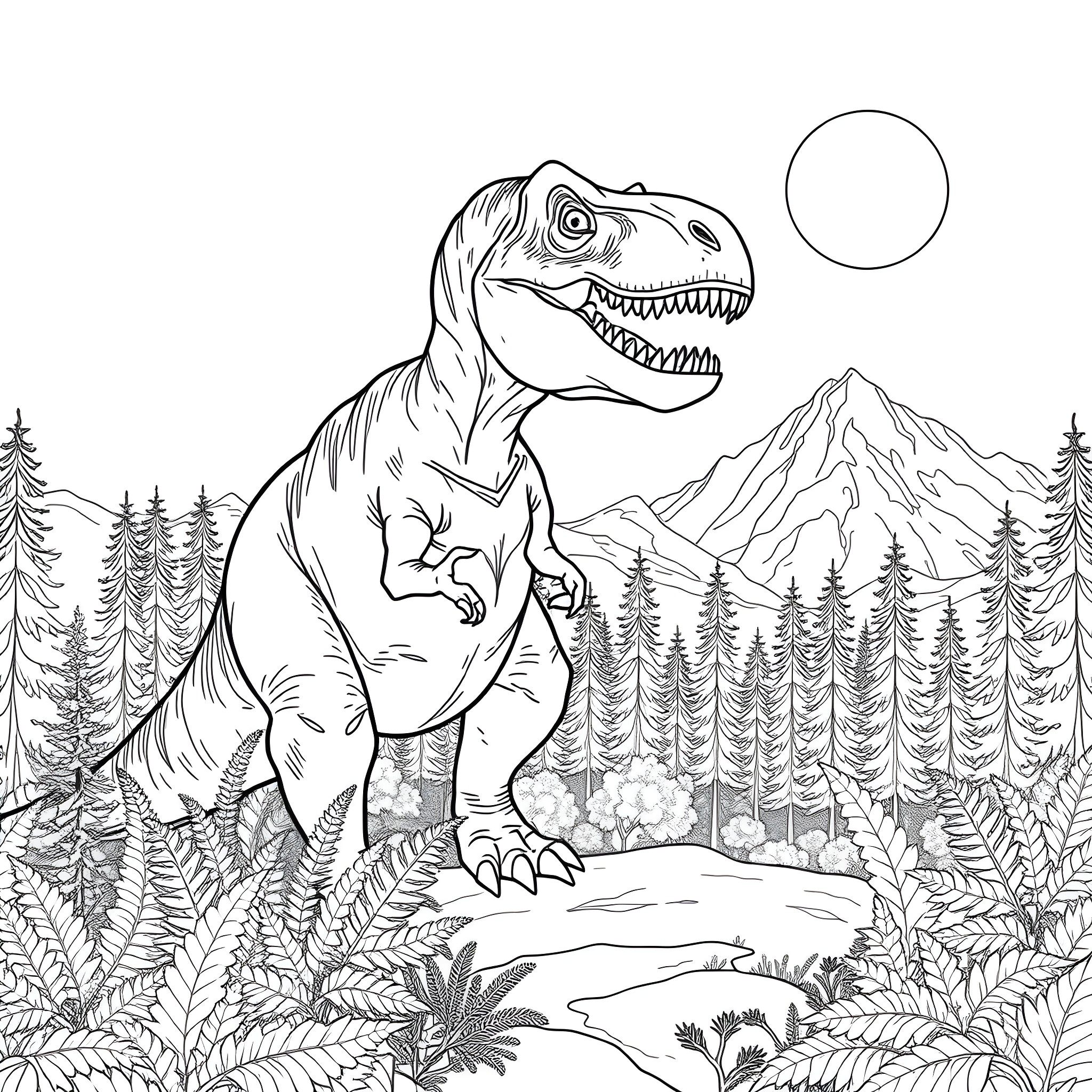 Tyrannosaurus Rex roaming through prehistoric landscape Coloring Page (free black-and-white line drawing printable PDF for all, from beginners to advanced learners, including children, teens, adults, and seniors)