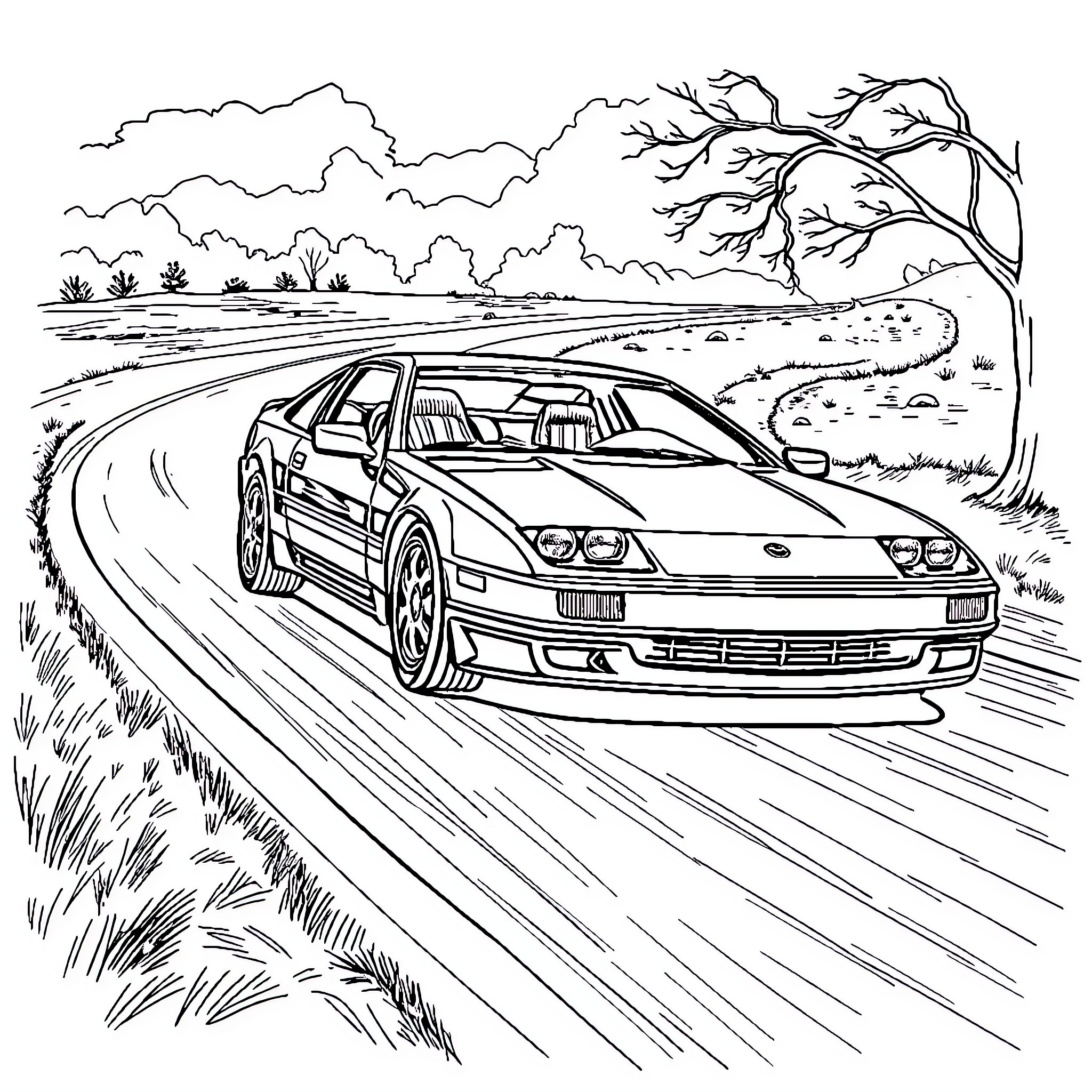 Car speeding down a winding road in the countryside Coloring Page (free black-and-white line drawing printable PDF for all, from beginners to advanced learners, including children, teens, adults, and seniors)