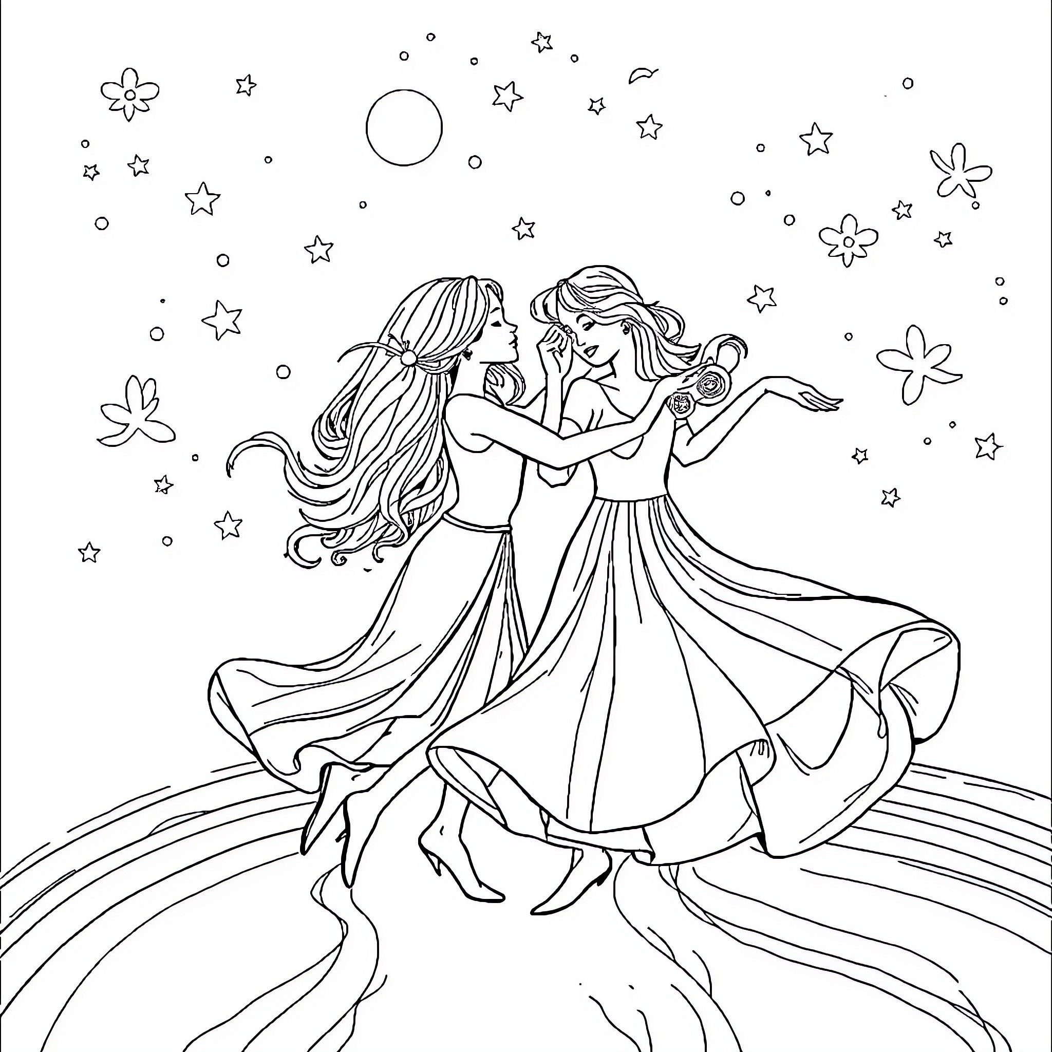 Line of two figures dancing amidst stars and flowers Coloring Page (free black-and-white line drawing printable PDF for all, from beginners to advanced learners, including children, teens, adults, and seniors)