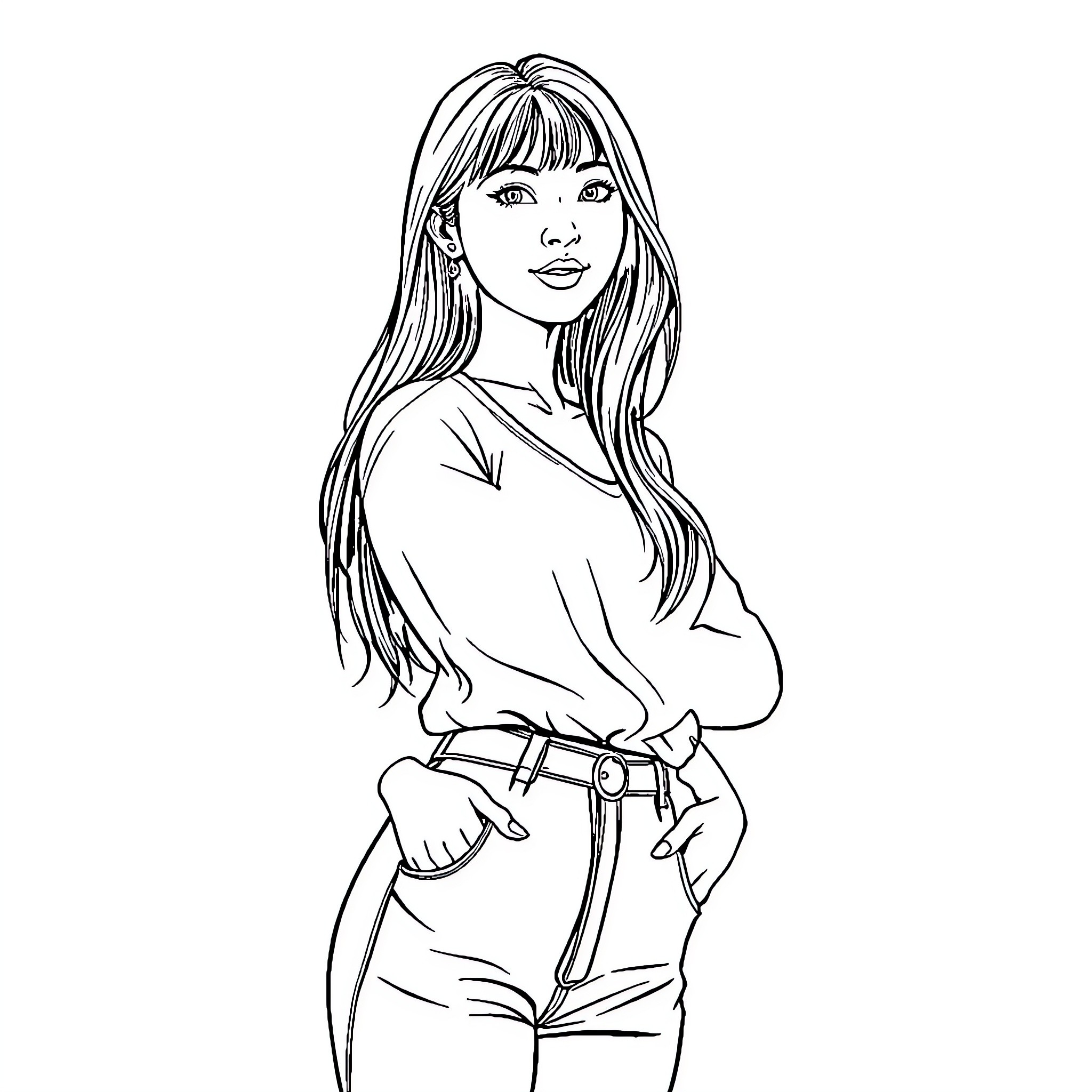 Woman in casual clothing with long hair Coloring Page (free black-and-white line drawing printable PDF for all, from beginners to advanced learners, including children, teens, adults, and seniors)