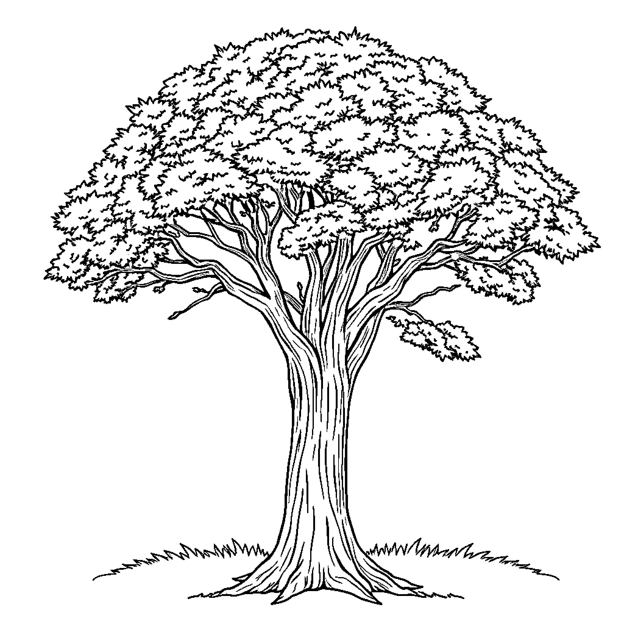 Tree with thick foliage and branching pattern Coloring Page (free black-and-white line drawing printable PDF for all, from beginners to advanced learners, including children, teens, adults, and seniors)