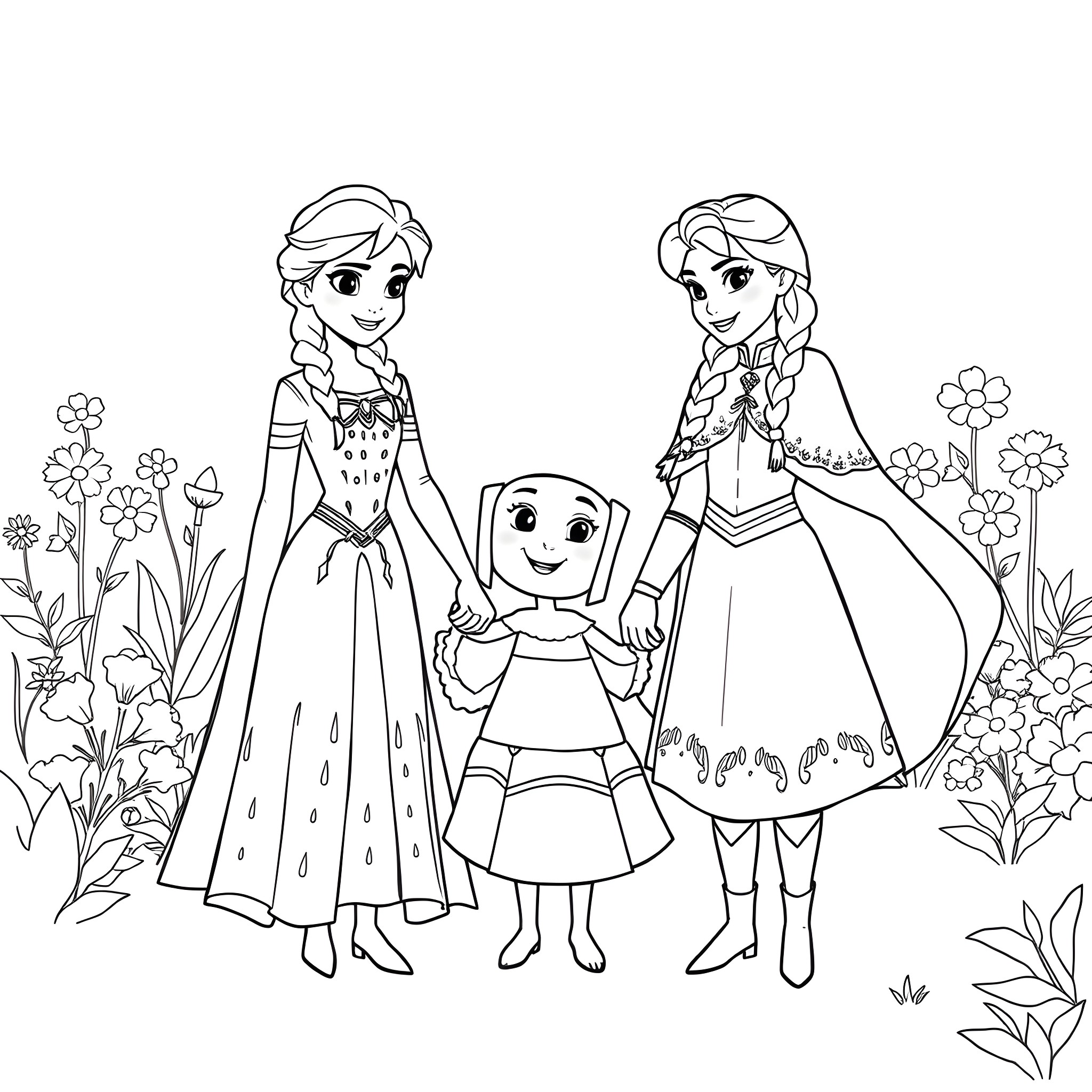 Anna and Elsa Holding Hands in a Garden Coloring Page (free black-and-white line drawing printable PDF for all, from beginners to advanced learners, including children, teens, adults, and seniors)