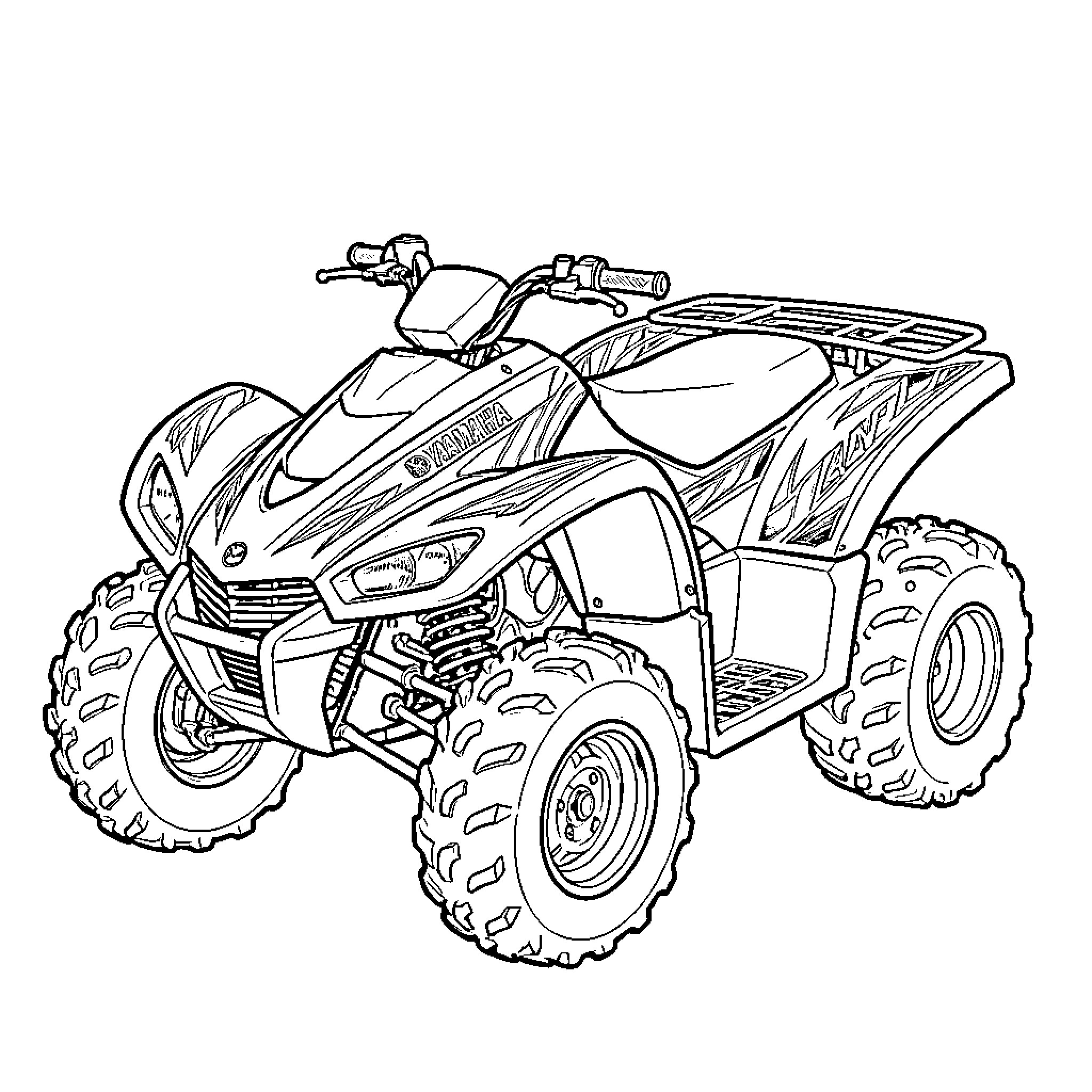 Yamaha Banshee ATV performing off-road stunts Coloring Page (free black-and-white line drawing printable PDF for all, from beginners to advanced learners, including children, teens, adults, and seniors)