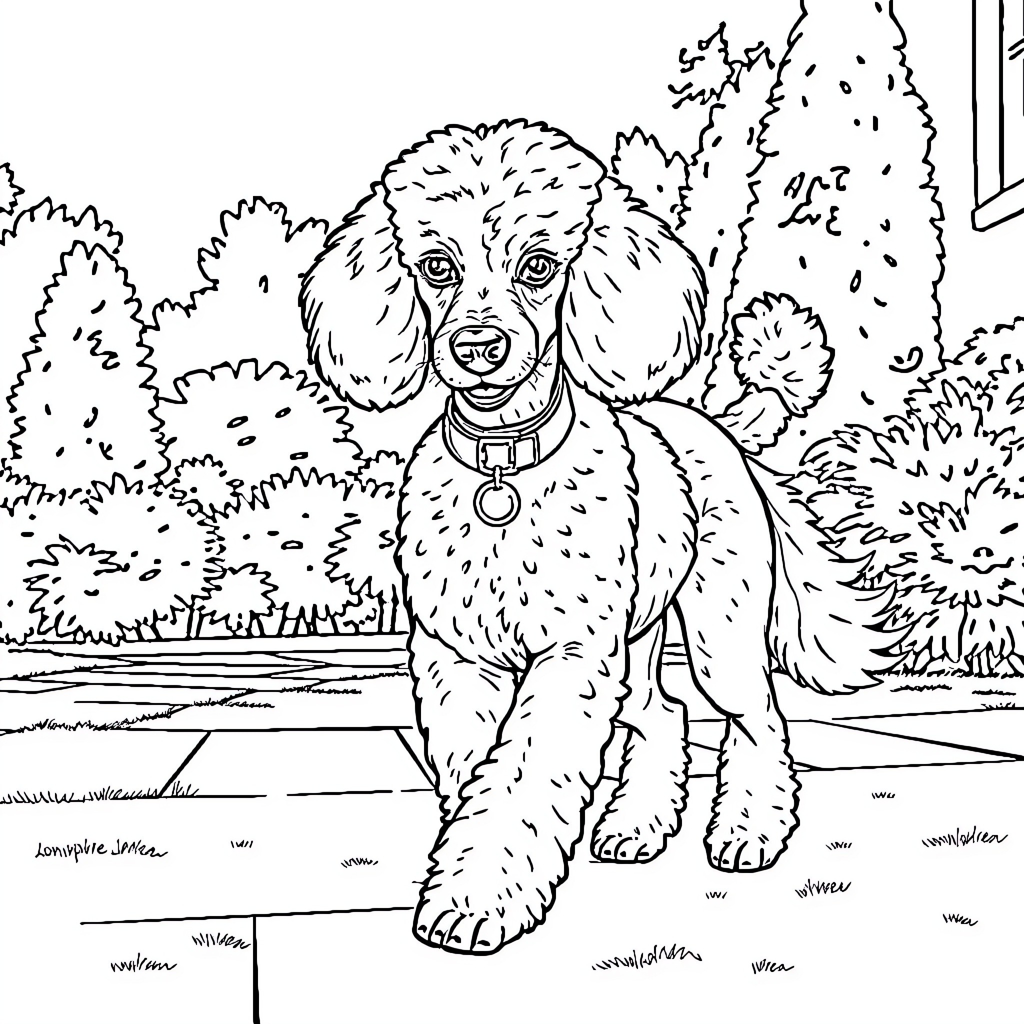 Poodle Posing Proudly in the Park Coloring Page (free black-and-white line drawing printable PDF for all, from beginners to advanced learners, including children, teens, adults, and seniors)