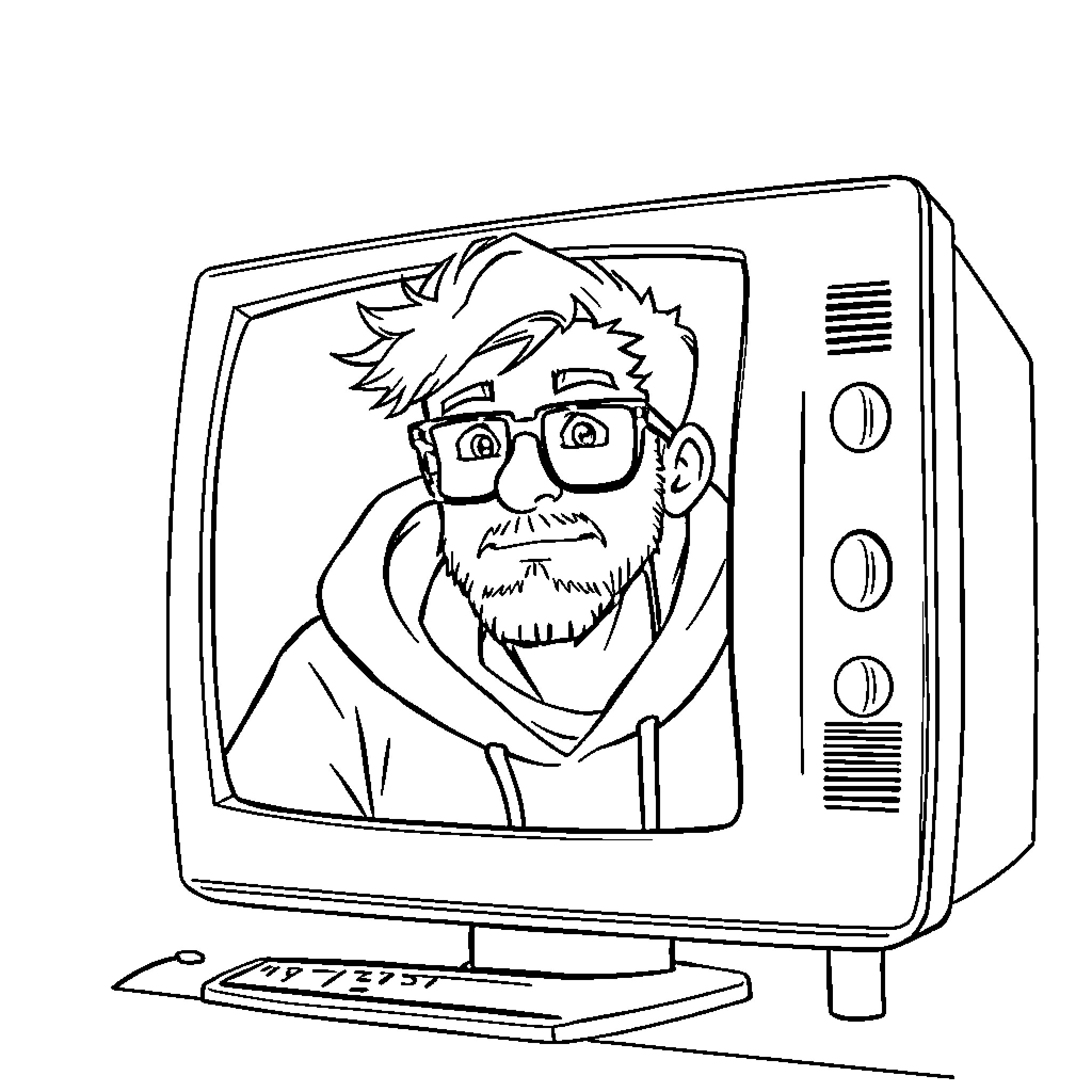 Computer Guy Enthusiastically Examining Old TV Screen Coloring Page (free black-and-white line drawing printable PDF for all, from beginners to advanced learners, including children, teens, adults, and seniors)