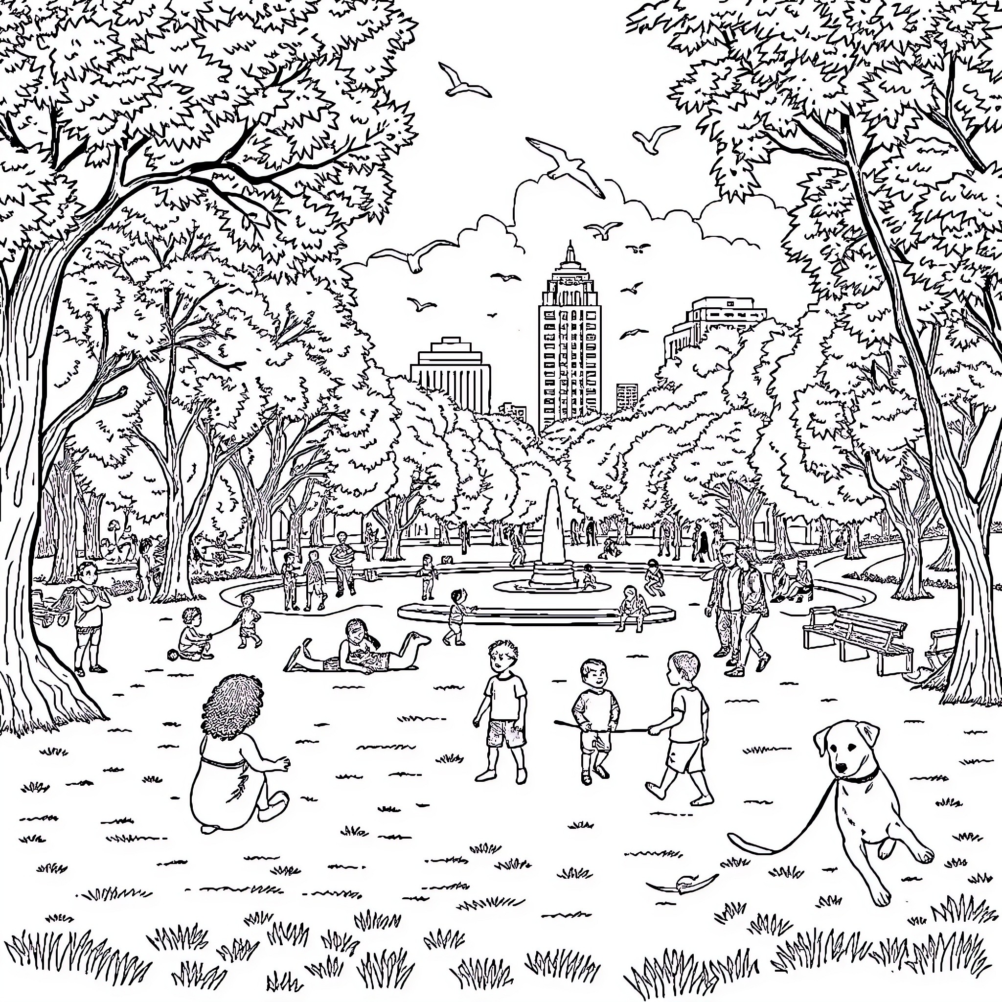 Park scene with people and animals enjoying outdoor activities Coloring Page (free black-and-white line drawing printable PDF for all, from beginners to advanced learners, including children, teens, adults, and seniors)