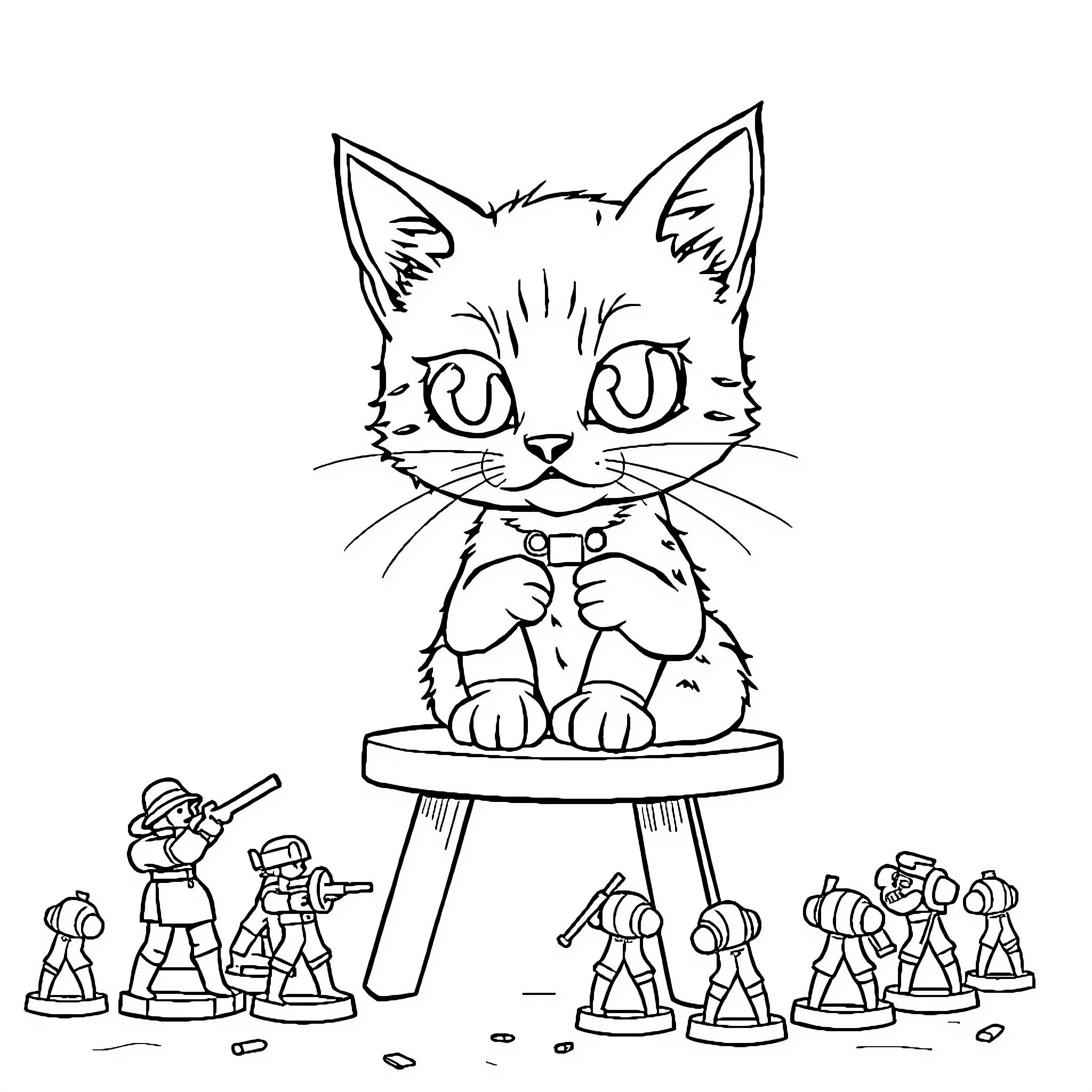 Cat sitting on a pedestal observing miniature figures Coloring Page (free black-and-white line drawing printable PDF for all, from beginners to advanced learners, including children, teens, adults, and seniors)