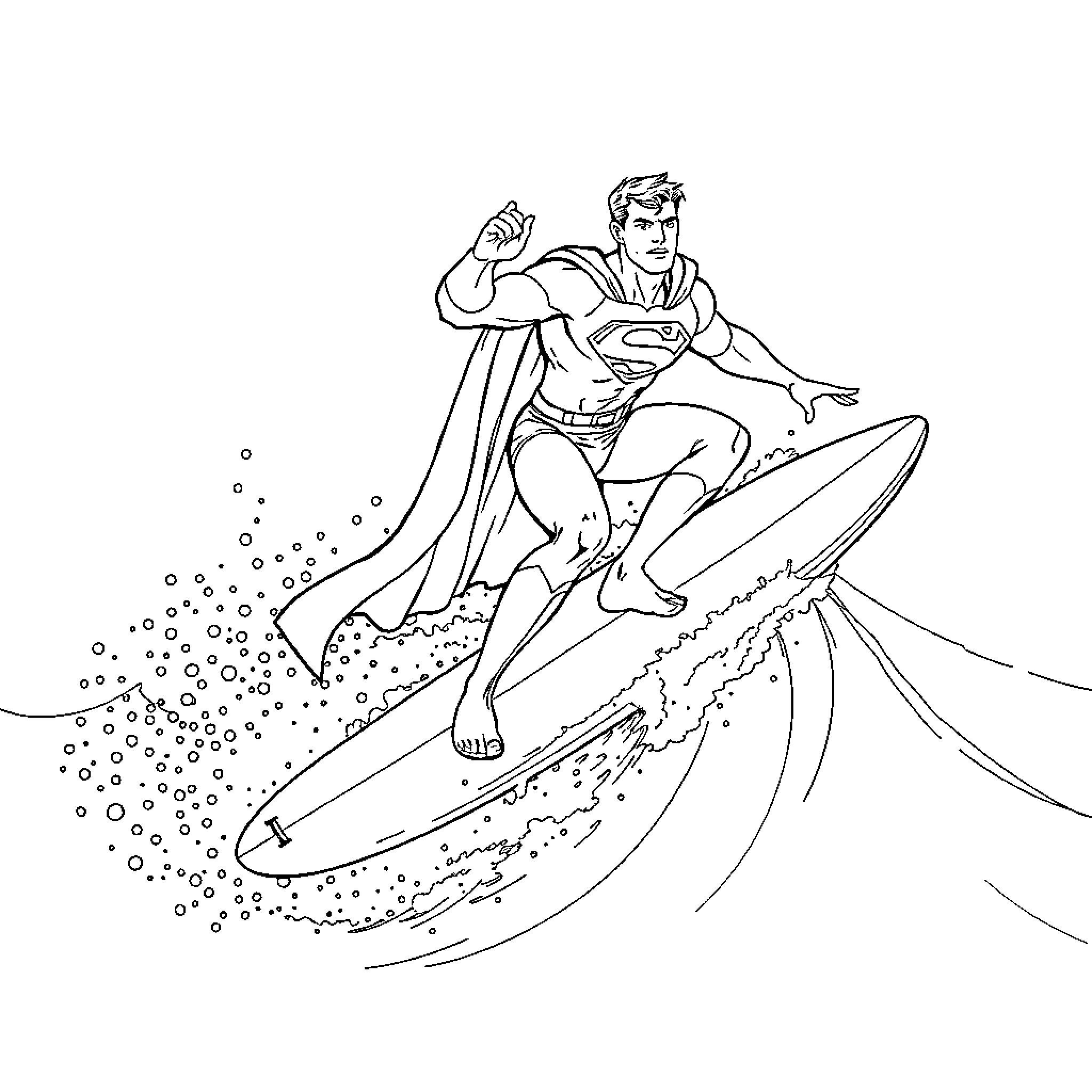 Superman surfing the waves with heroic pose Coloring Page (free black-and-white line drawing printable PDF for all, from beginners to advanced learners, including children, teens, adults, and seniors)