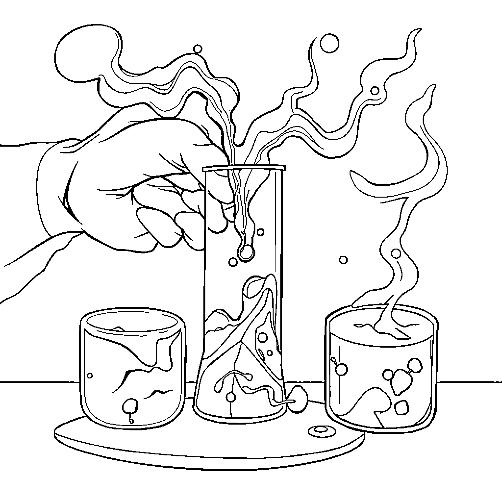 Reagent liquid swirling and rising from laboratory glassware Coloring Page (free black-and-white line drawing printable PDF for all, from beginners to advanced learners, including children, teens, adults, and seniors)