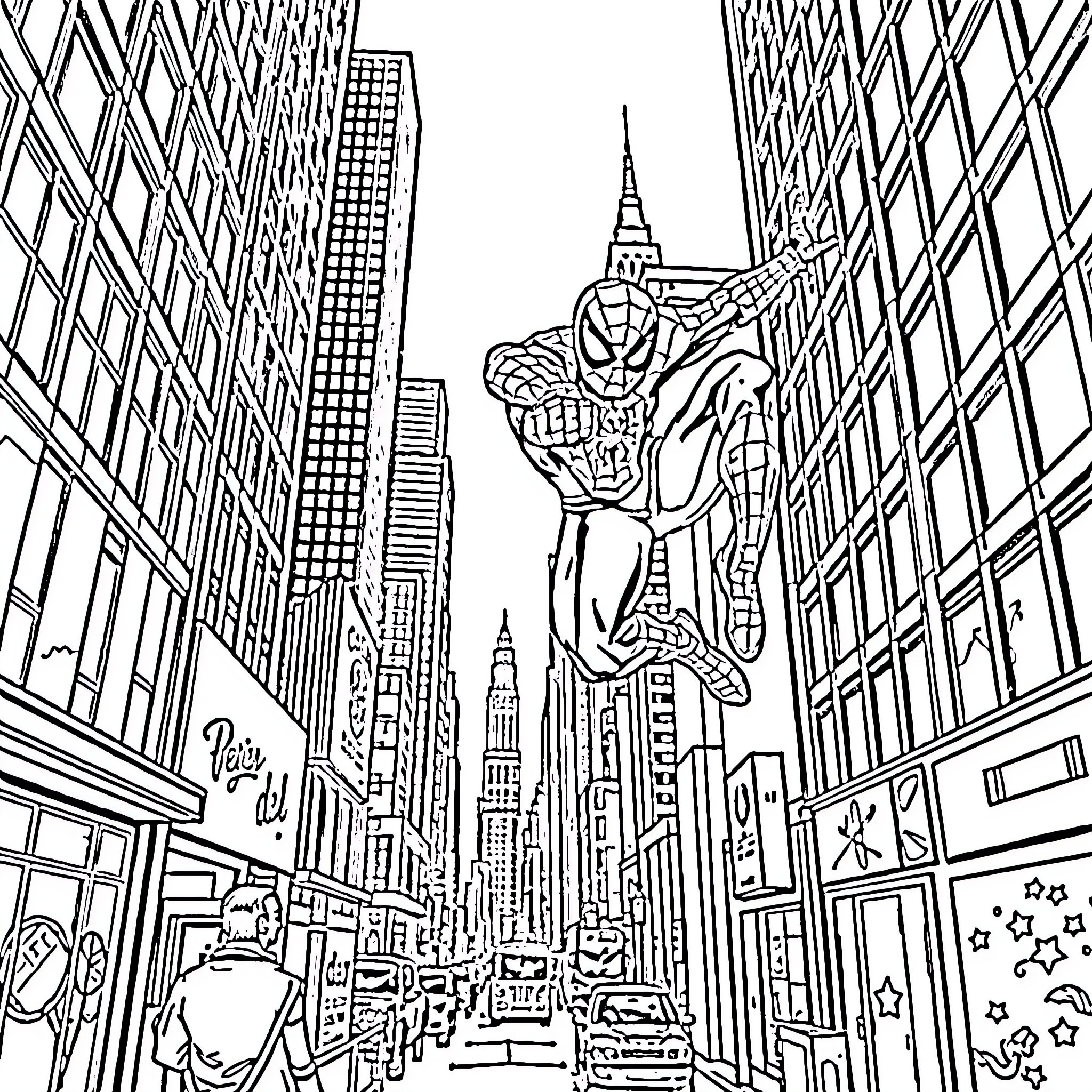 Spiderman swinging through the bustling city streets Coloring Page (free black-and-white line drawing printable PDF for all, from beginners to advanced learners, including children, teens, adults, and seniors)