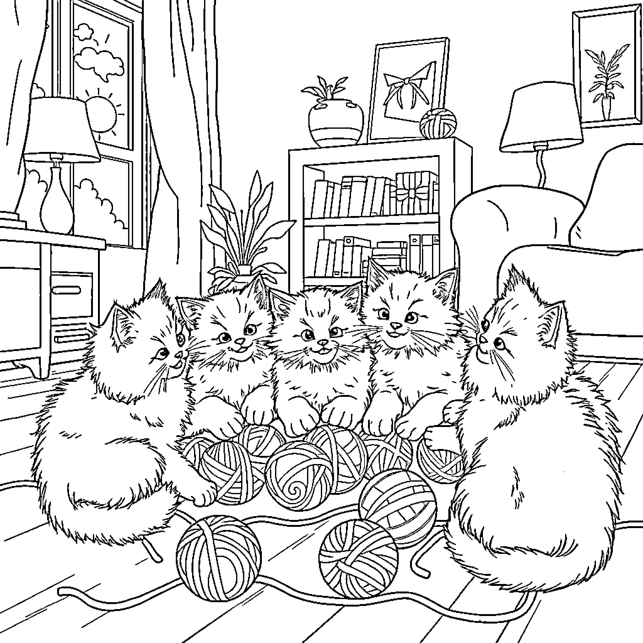 Cats Relaxing in Cozy Home Environment Coloring Page (free black-and-white line drawing printable PDF for all, from beginners to advanced learners, including children, teens, adults, and seniors)