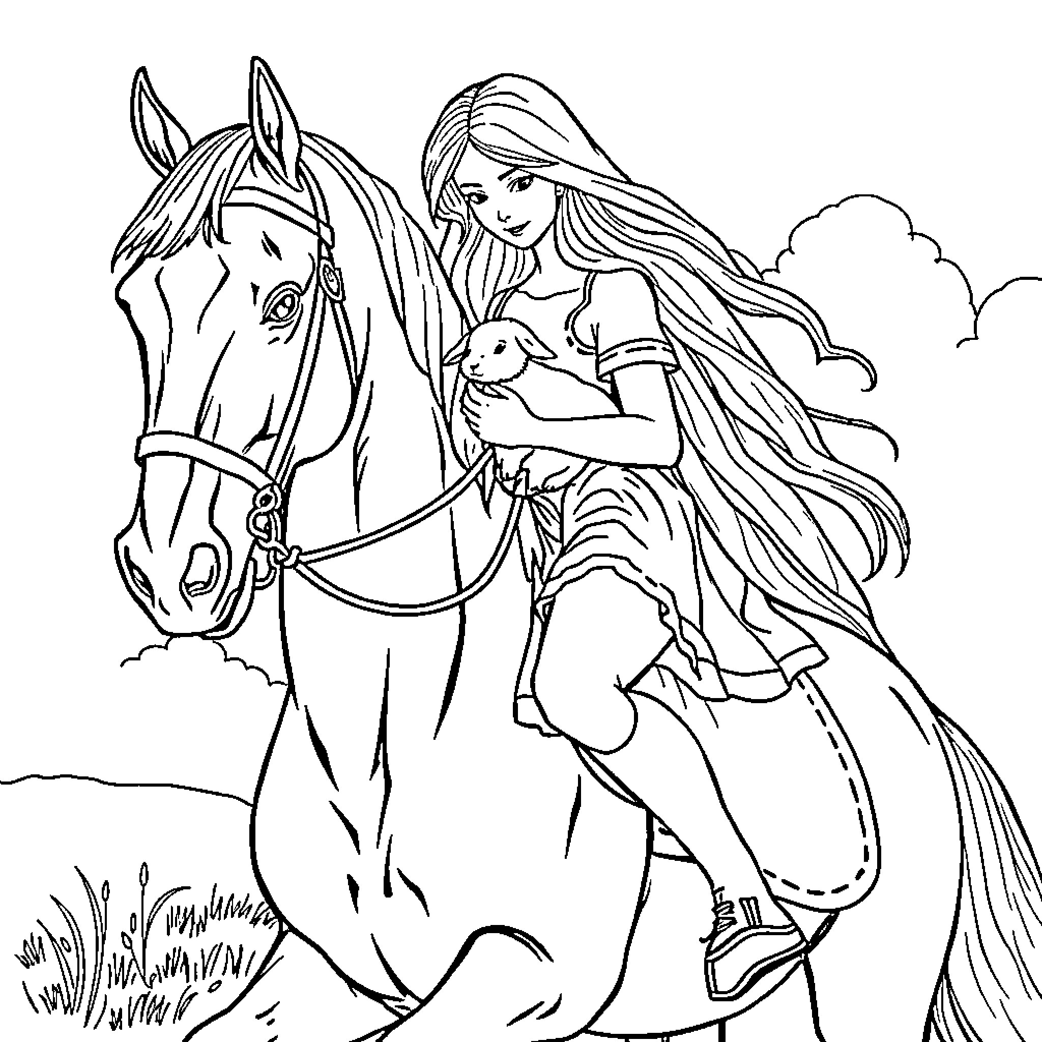 Horse and woman with long hair in field Coloring Page (free black-and-white line drawing printable PDF for all, from beginners to advanced learners, including children, teens, adults, and seniors)