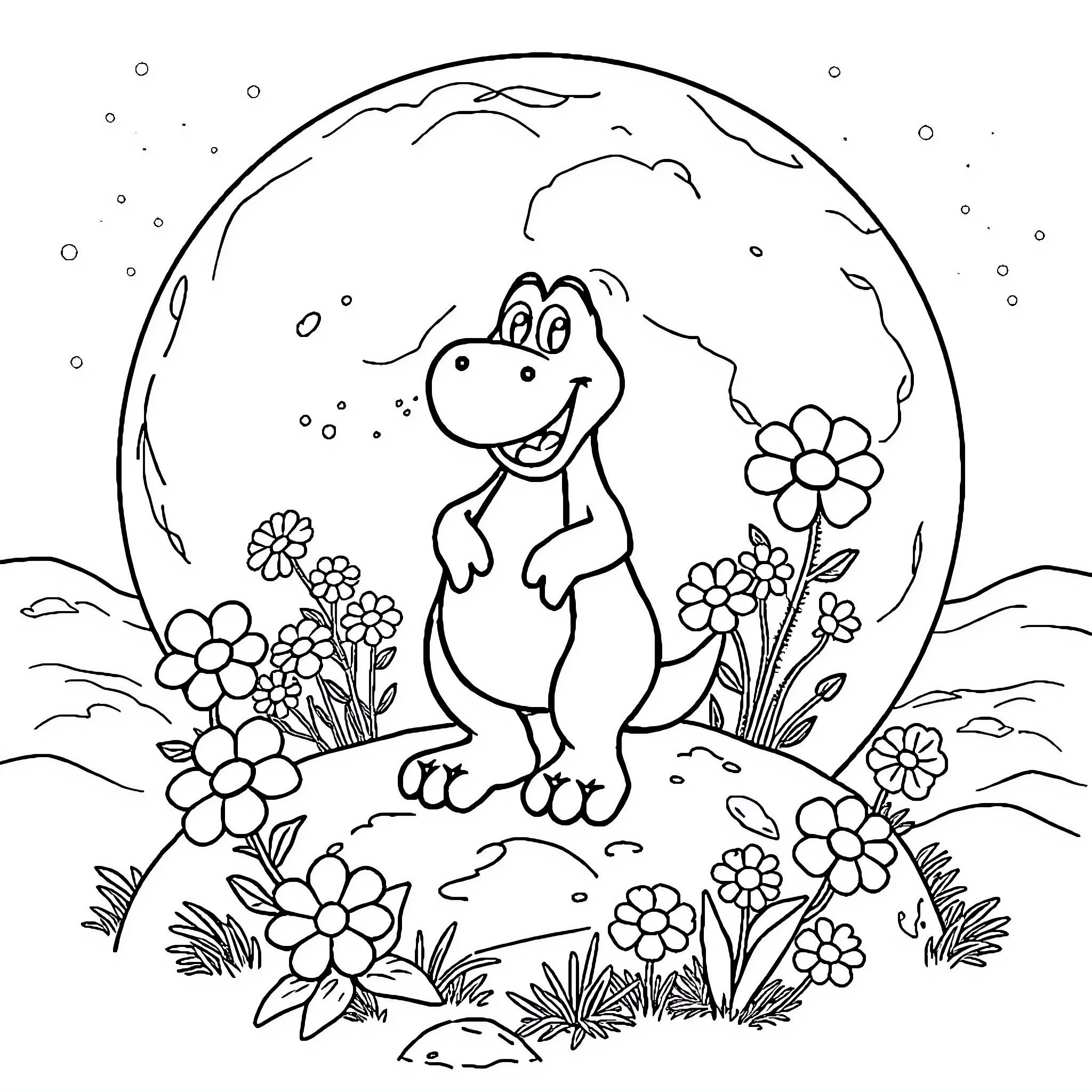 Barney enjoying a flower-filled garden Coloring Page (free black-and-white line drawing printable PDF for all, from beginners to advanced learners, including children, teens, adults, and seniors)