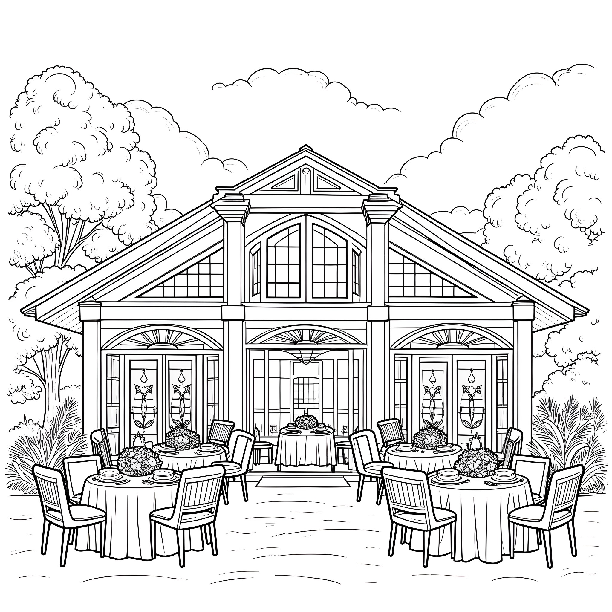 Restaurant with outdoor patio seating and elegant architecture Coloring Page (free black-and-white line drawing printable PDF for all, from beginners to advanced learners, including children, teens, adults, and seniors)