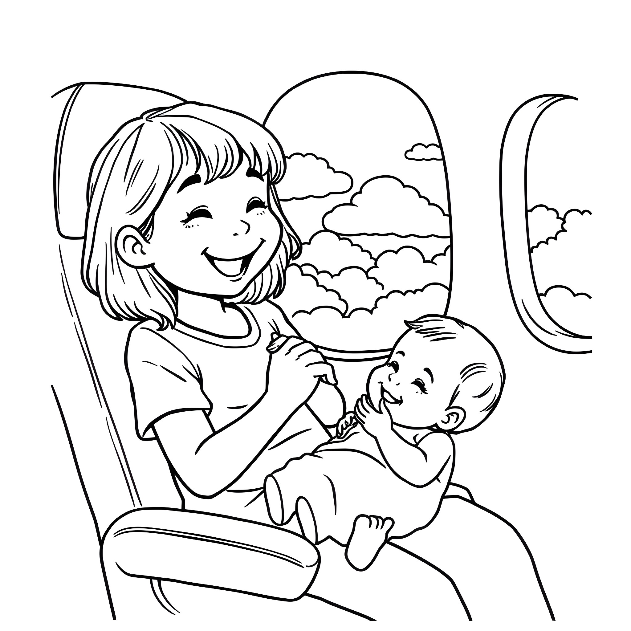 Girl smiling and holding a baby on an airplane Coloring Page (free black-and-white line drawing printable PDF for all, from beginners to advanced learners, including children, teens, adults, and seniors)
