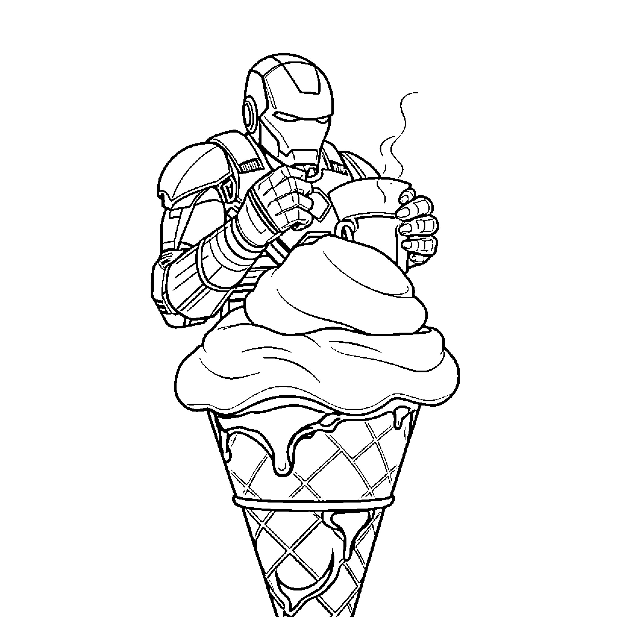 Iron Man Enjoying Ice Cream Treat Coloring Page (free black-and-white line drawing printable PDF for all, from beginners to advanced learners, including children, teens, adults, and seniors)