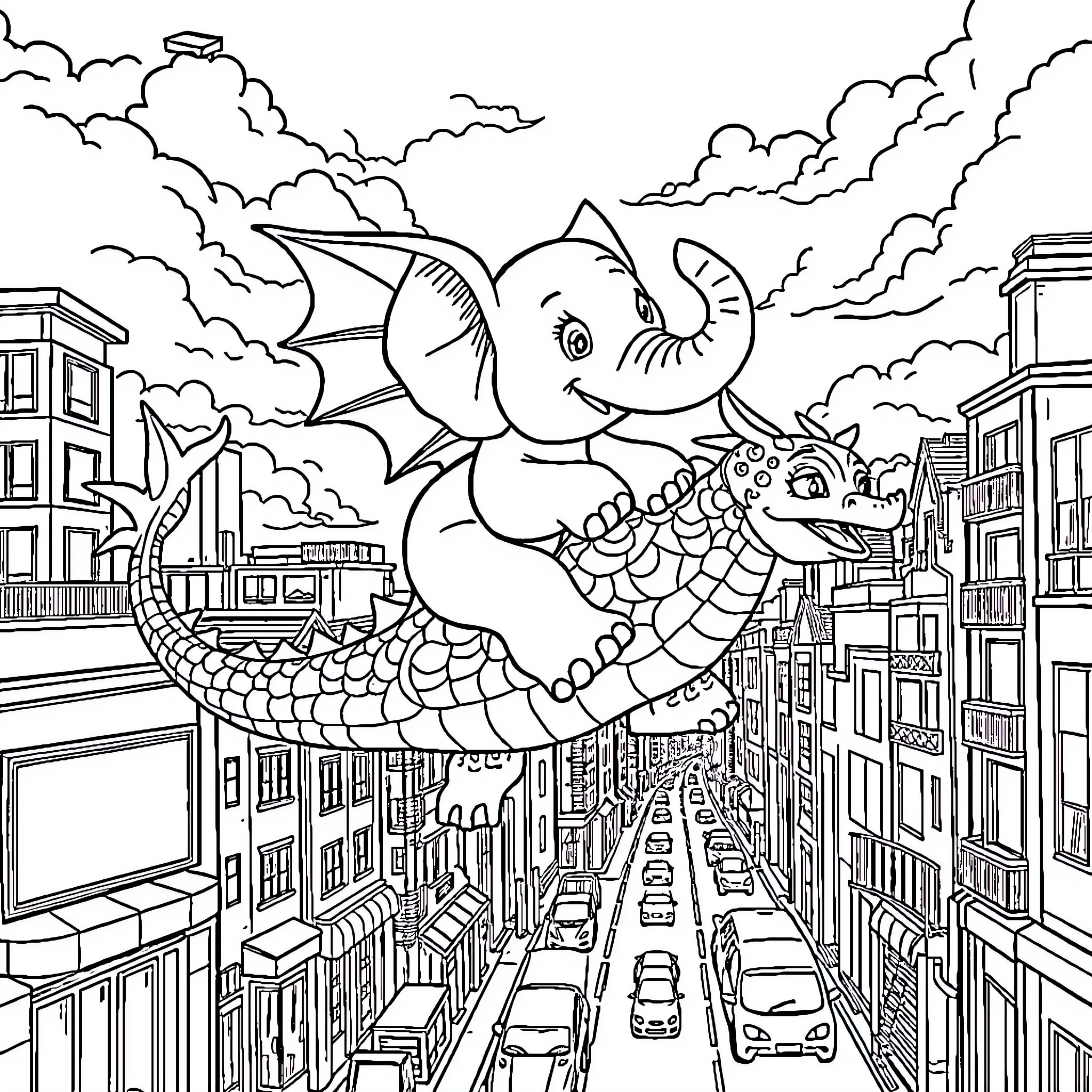Elephant flying over a city with buildings Coloring Page (free black-and-white line drawing printable PDF for all, from beginners to advanced learners, including children, teens, adults, and seniors)