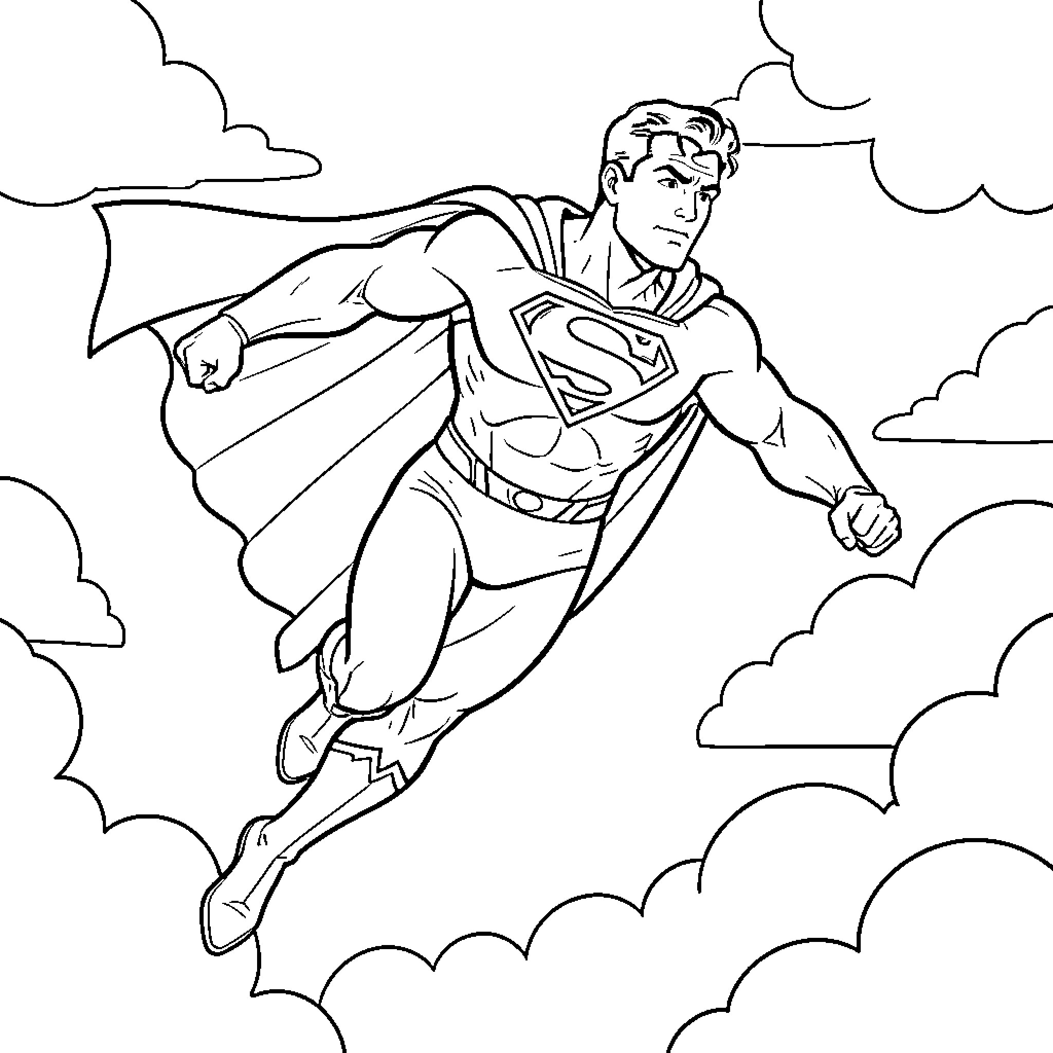Superman soaring through the sky Coloring Page (free black-and-white line drawing printable PDF for all, from beginners to advanced learners, including children, teens, adults, and seniors)