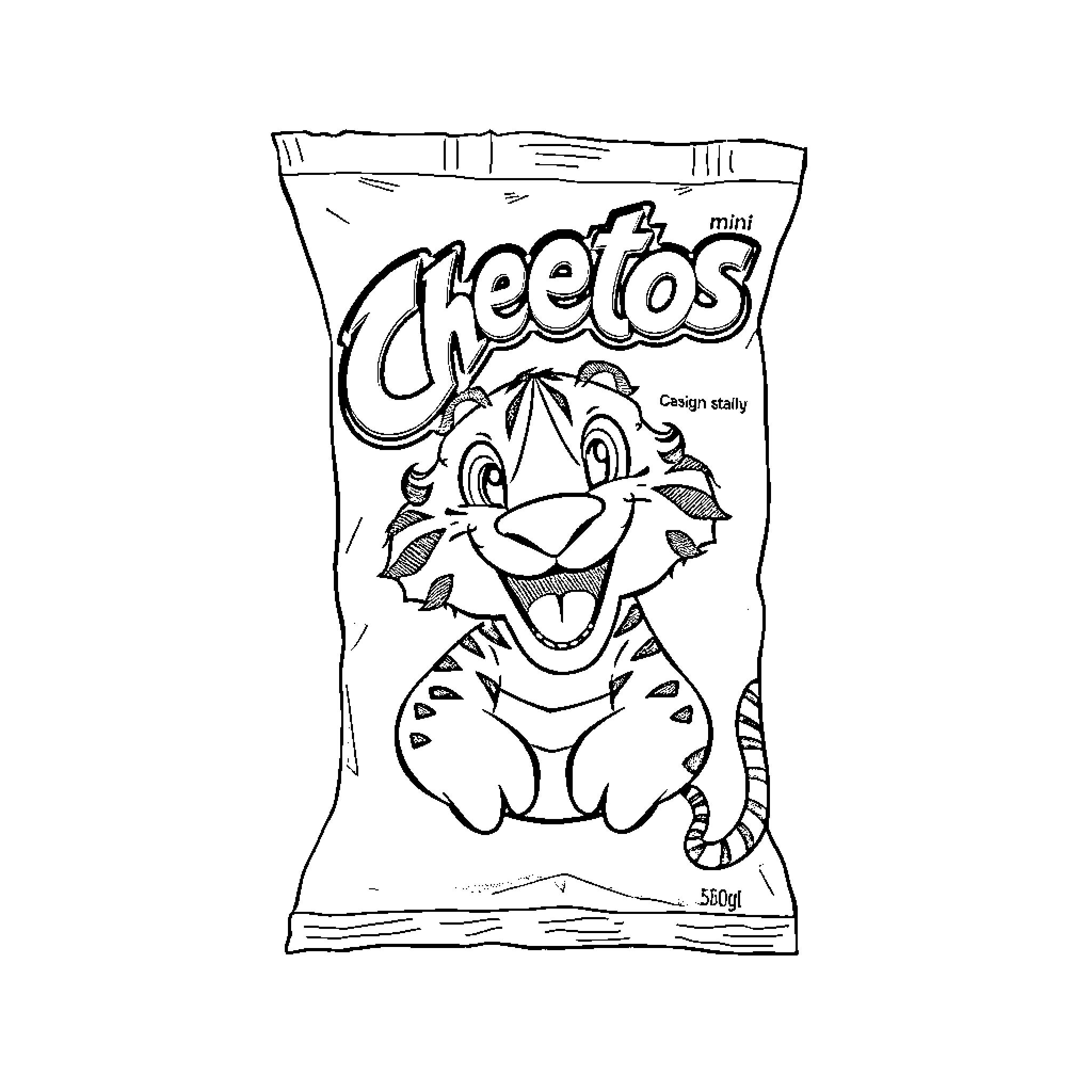 Tiger playfully peeking out from Cheetos bag Coloring Page (free black-and-white line drawing printable PDF for all, from beginners to advanced learners, including children, teens, adults, and seniors)