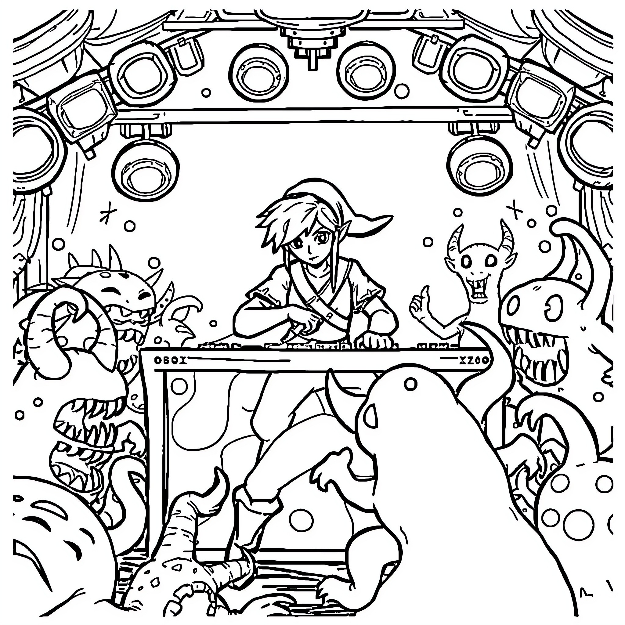 Link exploring a fantastical underwater scene with creatures Coloring Page (free black-and-white line drawing printable PDF for all, from beginners to advanced learners, including children, teens, adults, and seniors)