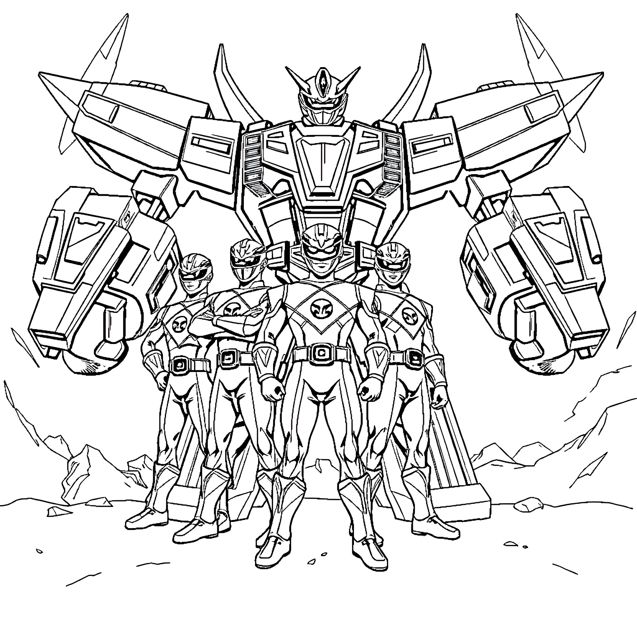 Power Rangers Mecha Suit Standoff in the Desert Coloring Page (free black-and-white line drawing printable PDF for all, from beginners to advanced learners, including children, teens, adults, and seniors)