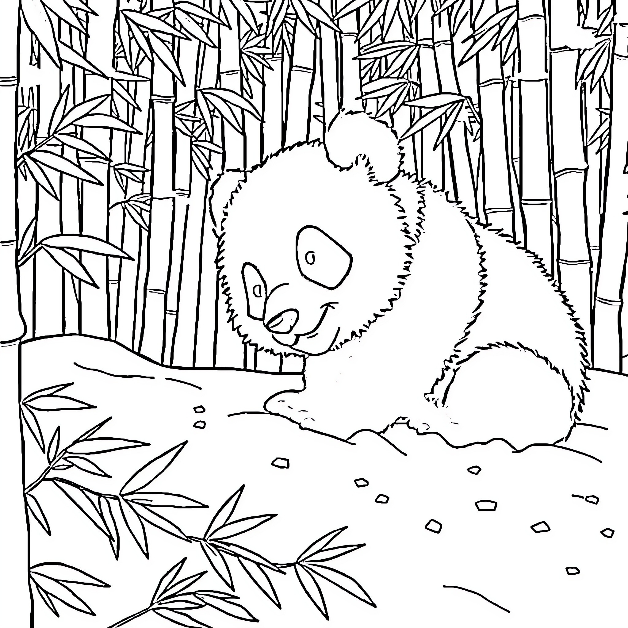 Panda exploring the bamboo forest Coloring Page (free black-and-white line drawing printable PDF for all, from beginners to advanced learners, including children, teens, adults, and seniors)