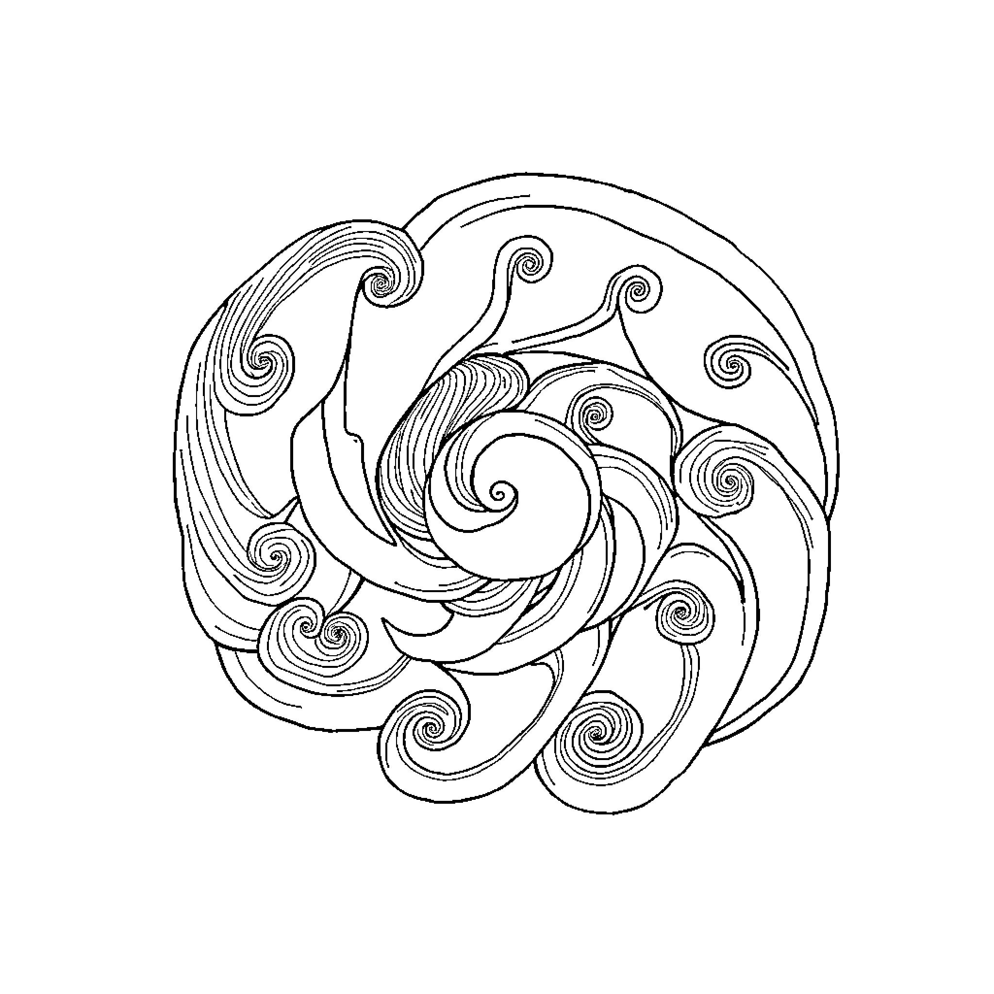 Koru of Flowing Shapes and Curves Coloring Page (free black-and-white line drawing printable PDF for all, from beginners to advanced learners, including children, teens, adults, and seniors)