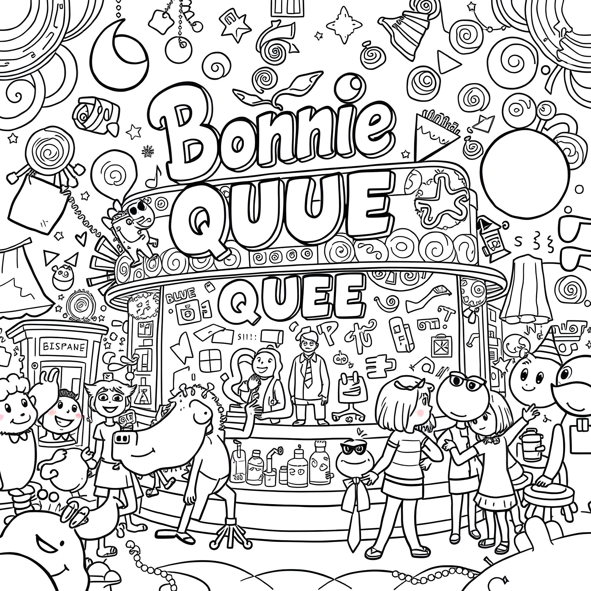 Bonnie's Quirky and Playful Adventure Coloring Page (free black-and-white line drawing printable PDF for all, from beginners to advanced learners, including children, teens, adults, and seniors)