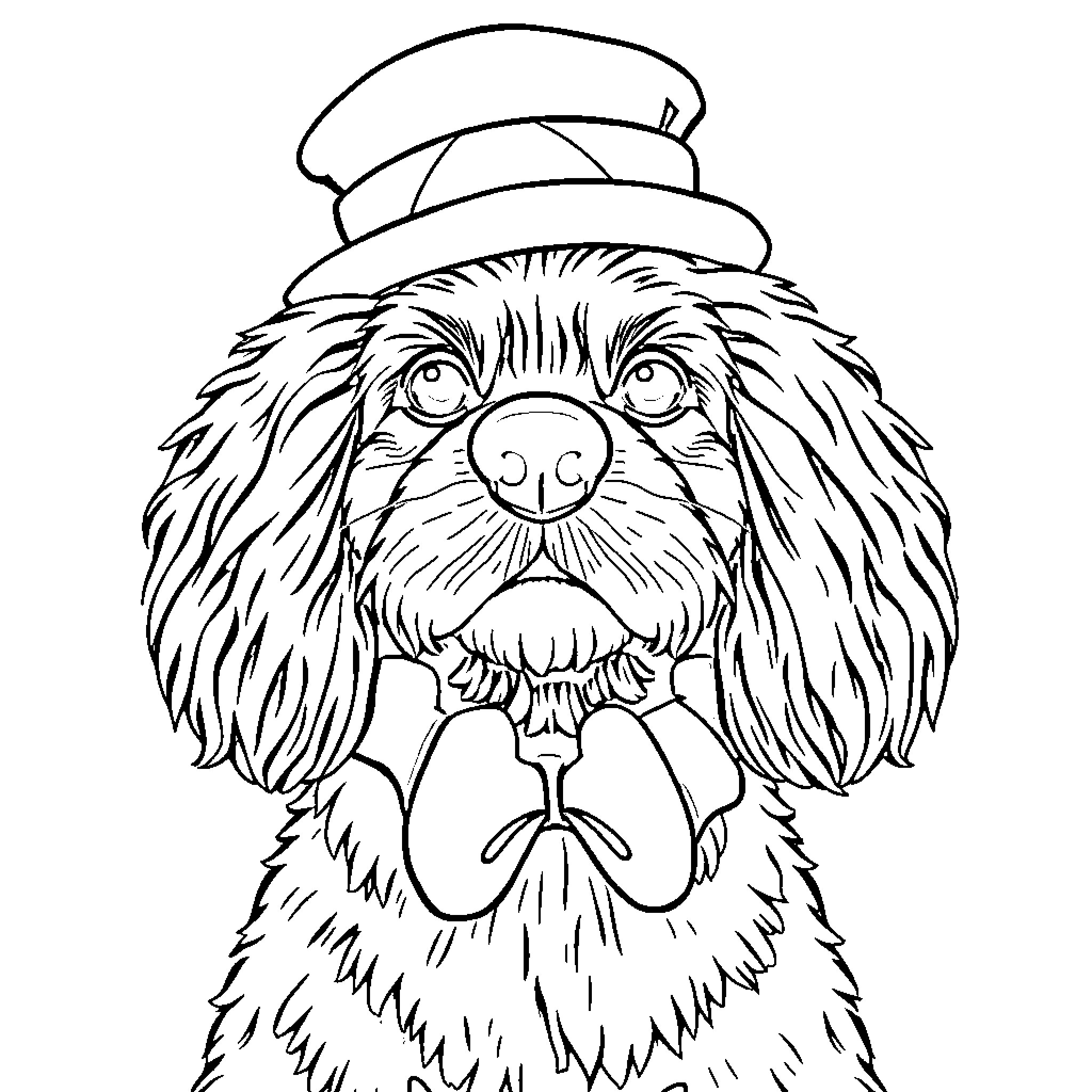 Cocker Spaniel in playful hat Coloring Page (free black-and-white line drawing printable PDF for all, from beginners to advanced learners, including children, teens, adults, and seniors)