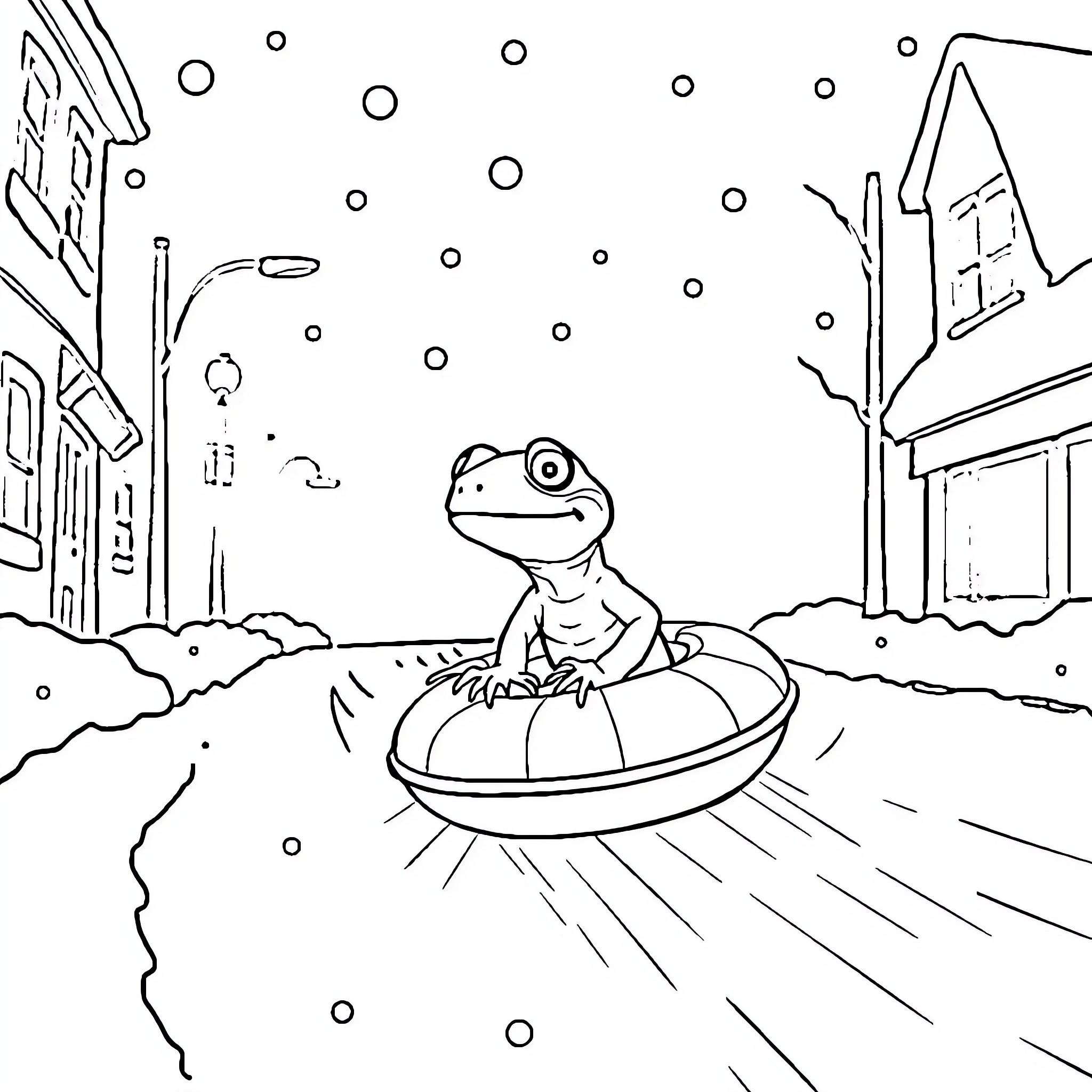 Lizard floating on a UFO in a snowy town Coloring Page (free black-and-white line drawing printable PDF for all, from beginners to advanced learners, including children, teens, adults, and seniors)