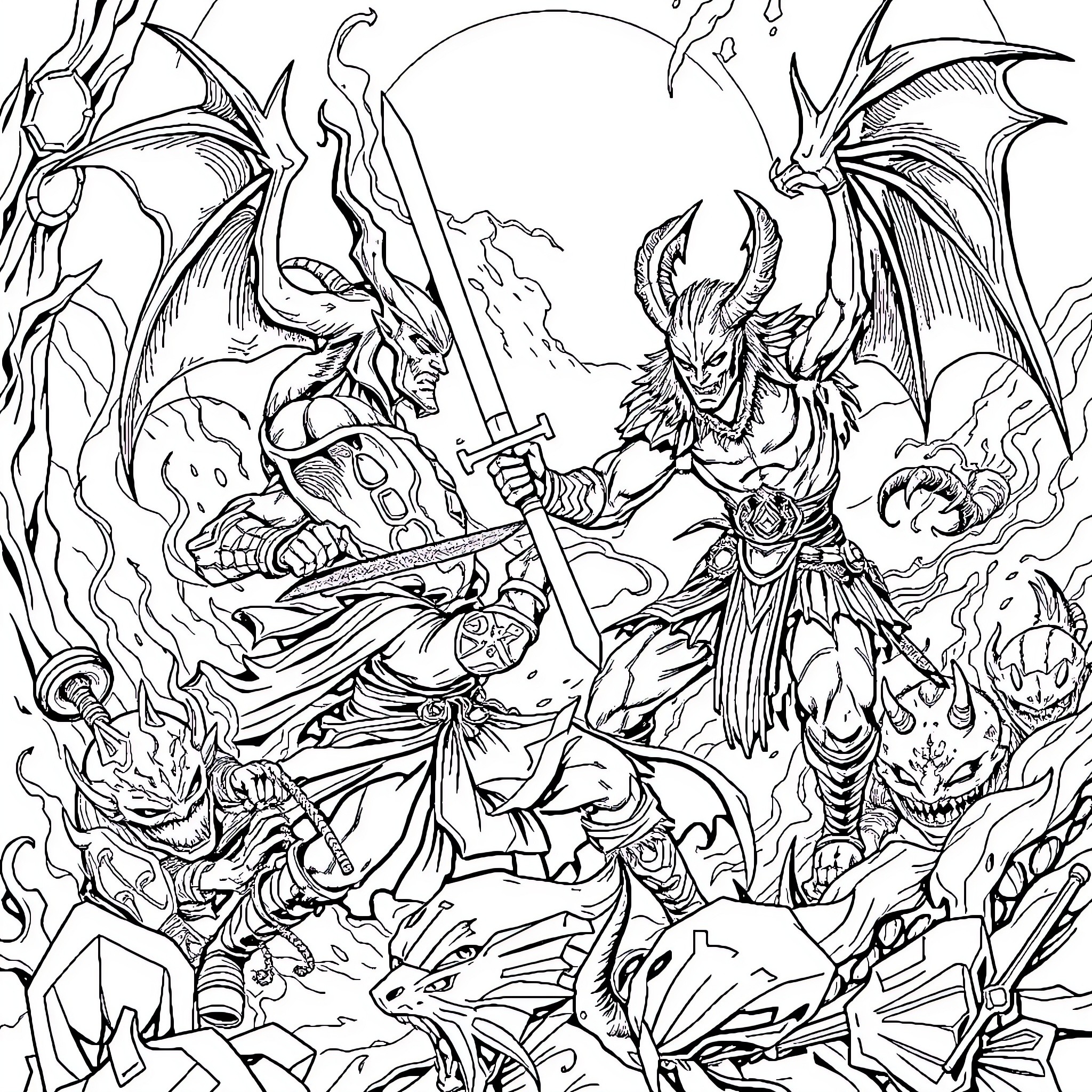 Demon Slayer Fierce Battle Between Mighty Warriors Coloring Page (free black-and-white line drawing printable PDF for all, from beginners to advanced learners, including children, teens, adults, and seniors)